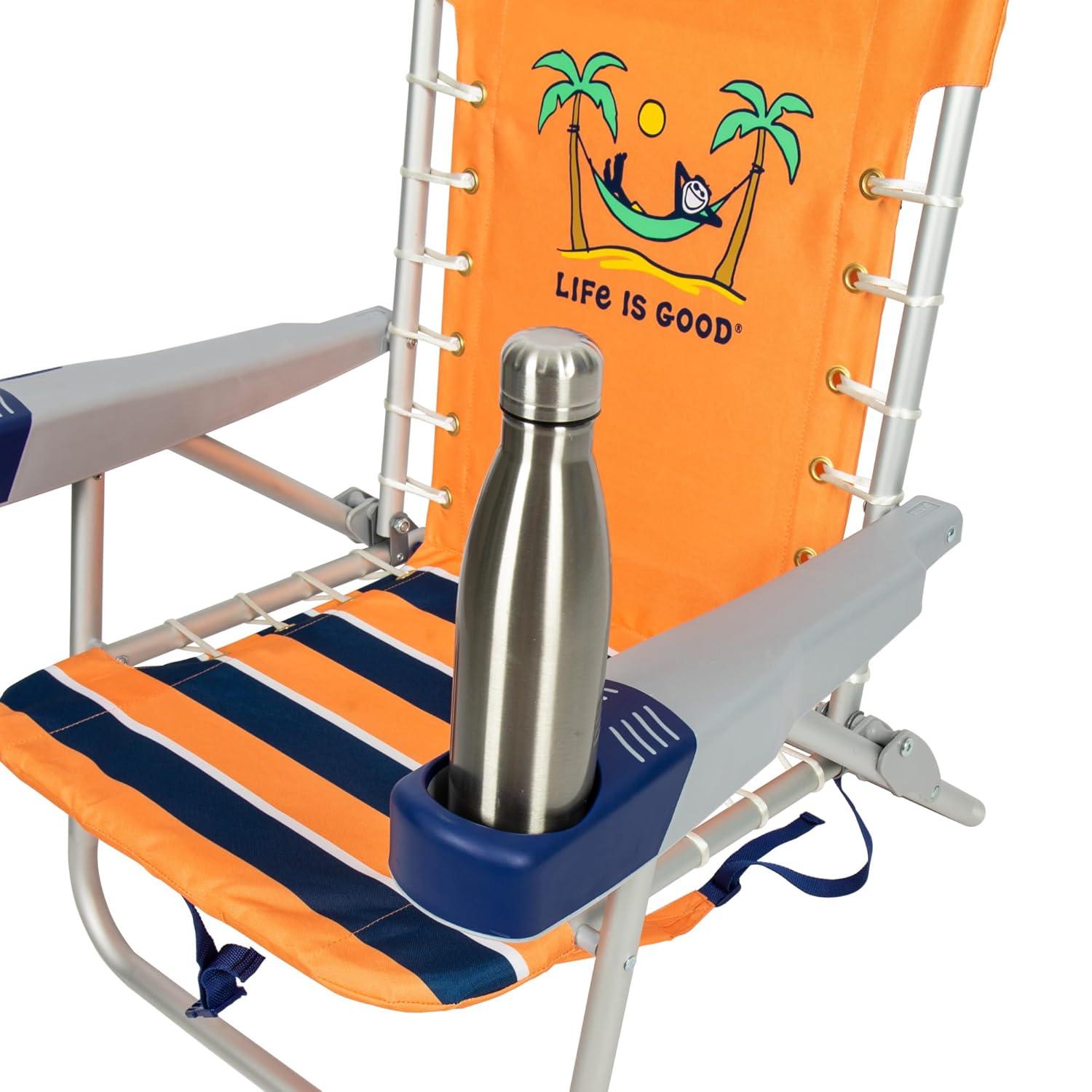 Life is Good 4-Position Backpack Pillow and Cup Holder Beach Chair, Canyon Orange