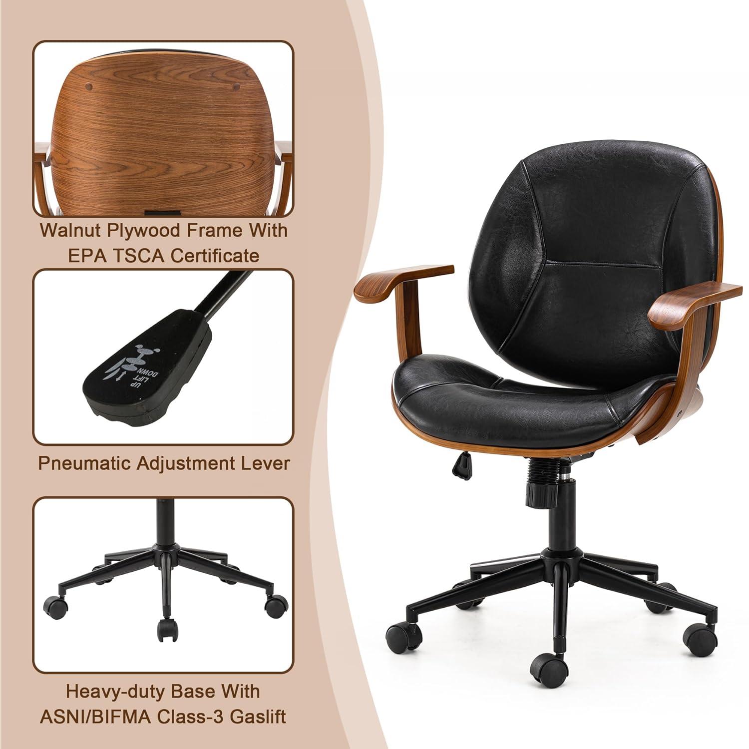 Glitzhome Leather Home Office Chair with Arm, Mid-Back Adjustable Executive Swivel Desk Task Chair,Beige