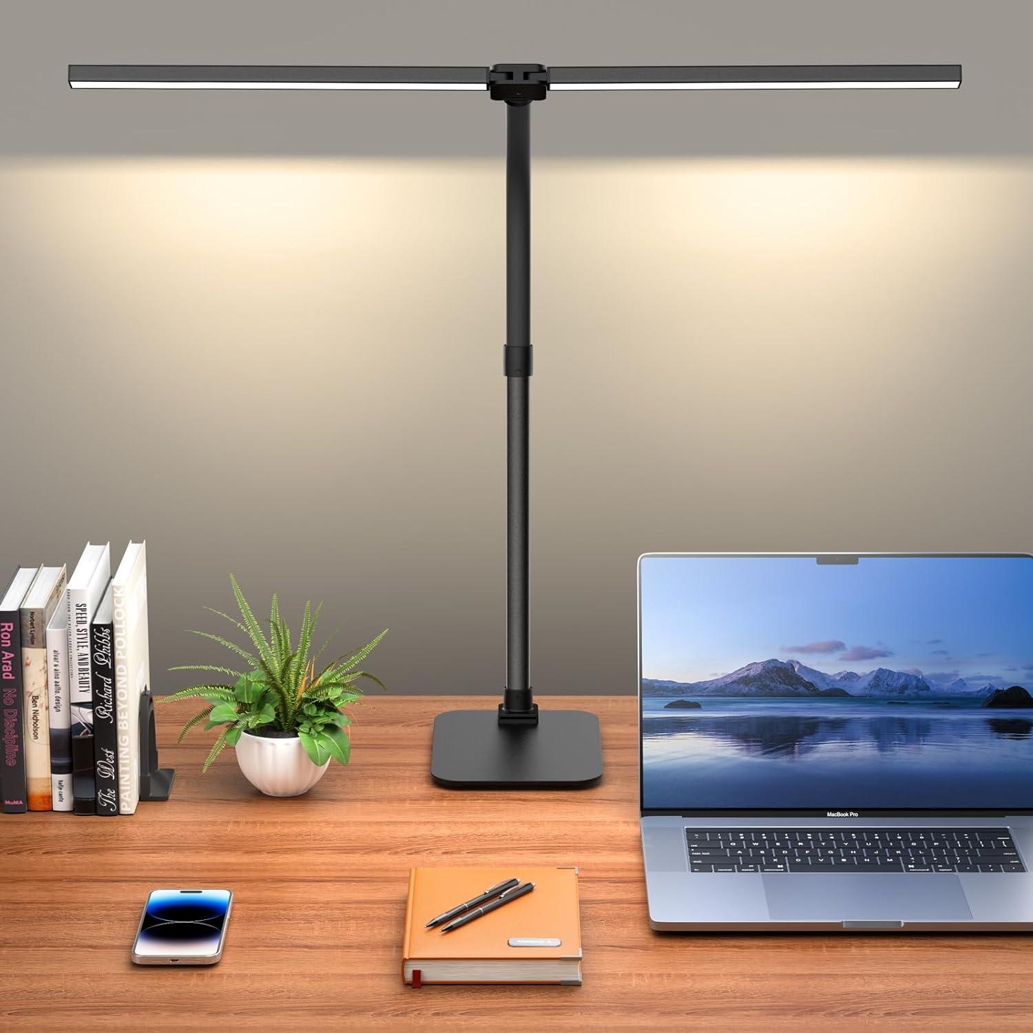 Desk Lamp Architect Task Dual Head Modern Flexible Gooseneck Tall Dimmable Light for Home Office, 5 Color Modes,Remote Control, 1500lm 24W Extra Bright Lighting