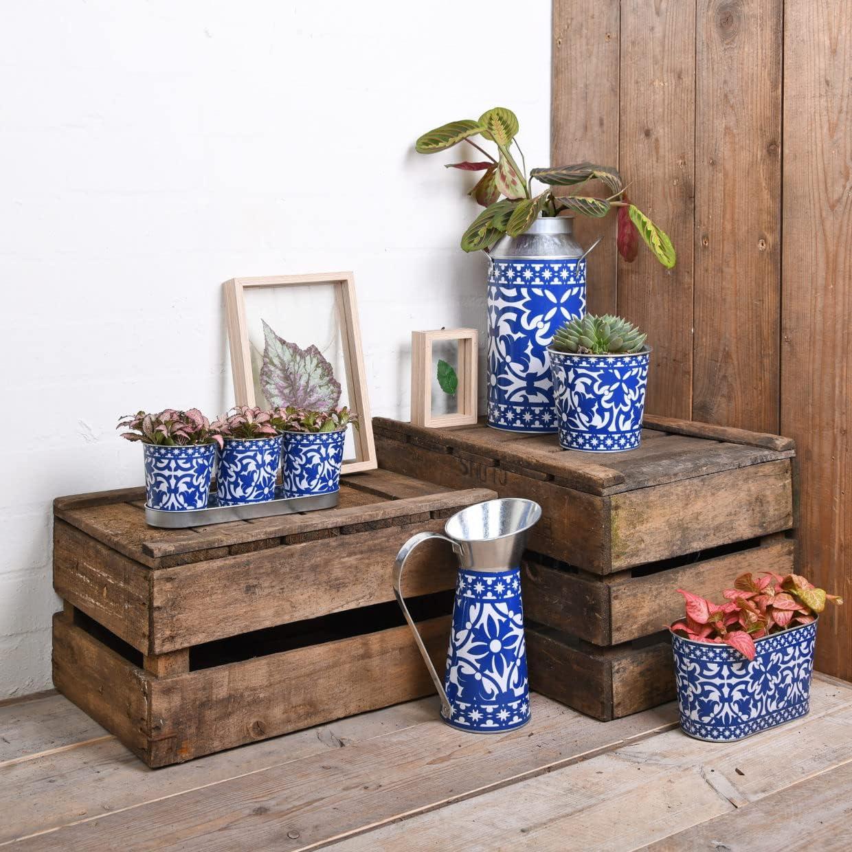 Navy and White Portuguese Style Metal Oval Planters, Set of 2