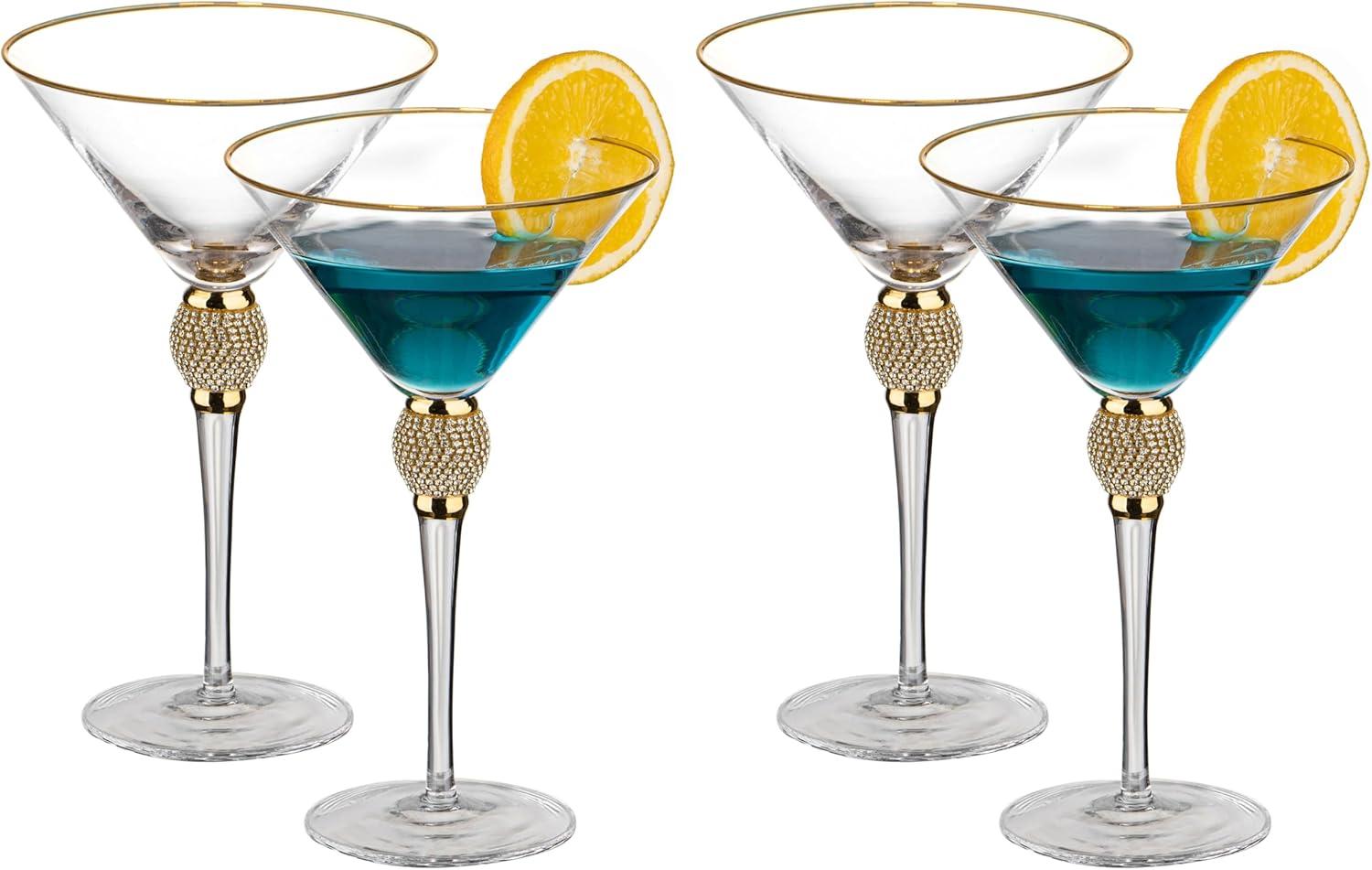 Dinewares Clear Stem Crystal Martini Glasses with Rim and Diamond-like Rhinestones, Elegant 10oz Glassware Set for Cosmopolitan Vodka, Gold Set of 4