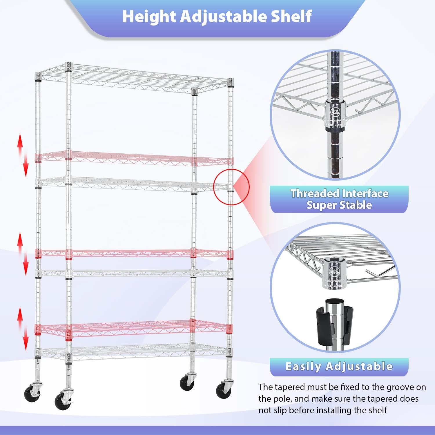 FDW 4-Tier Wire Storage Rack Adjustable NSF Heavy Duty Unit on 3” Wheel Casters Commercial 36L x 14W x 62H,Chrome