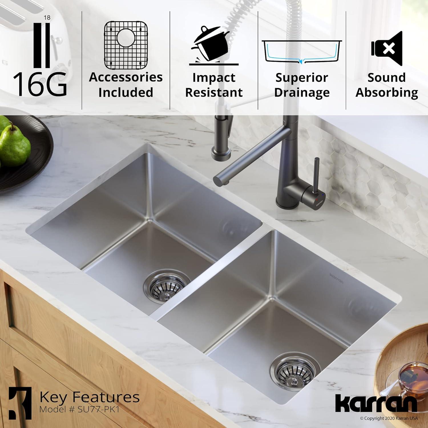 Karran 16-Gauge Stainless Steel 32'' X 18'' 50/50 Double Bowl Undermount Kitchen Sink Kit