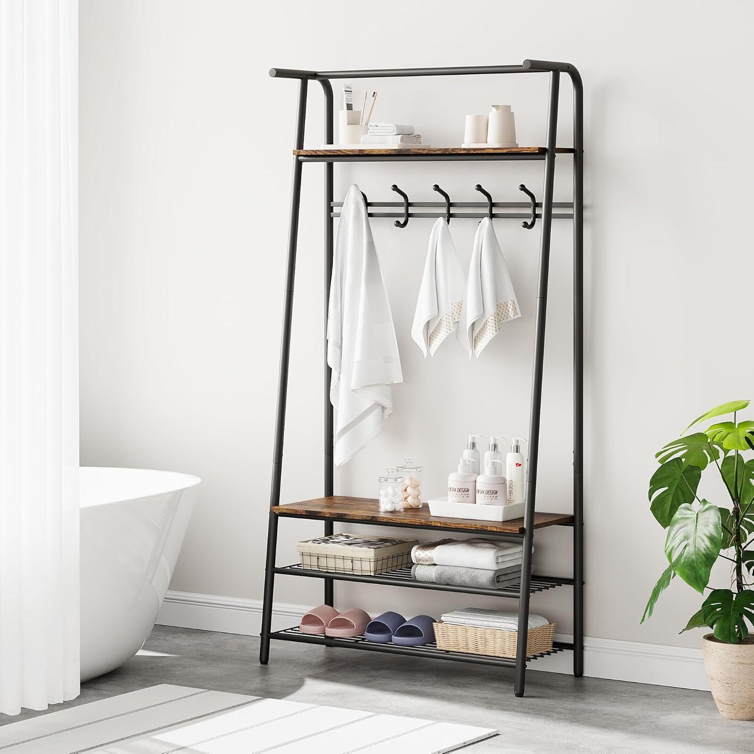 GAOMON Coat Rack Shoe Bench, 4-in-1 Hall Trees Entryway Bench with Coat Rack and Shoe Rack, Wood Look Accent Furniture with Steel Frame Storage Shelf and Hanging Bar, Industrial, Rustic Brown & Black