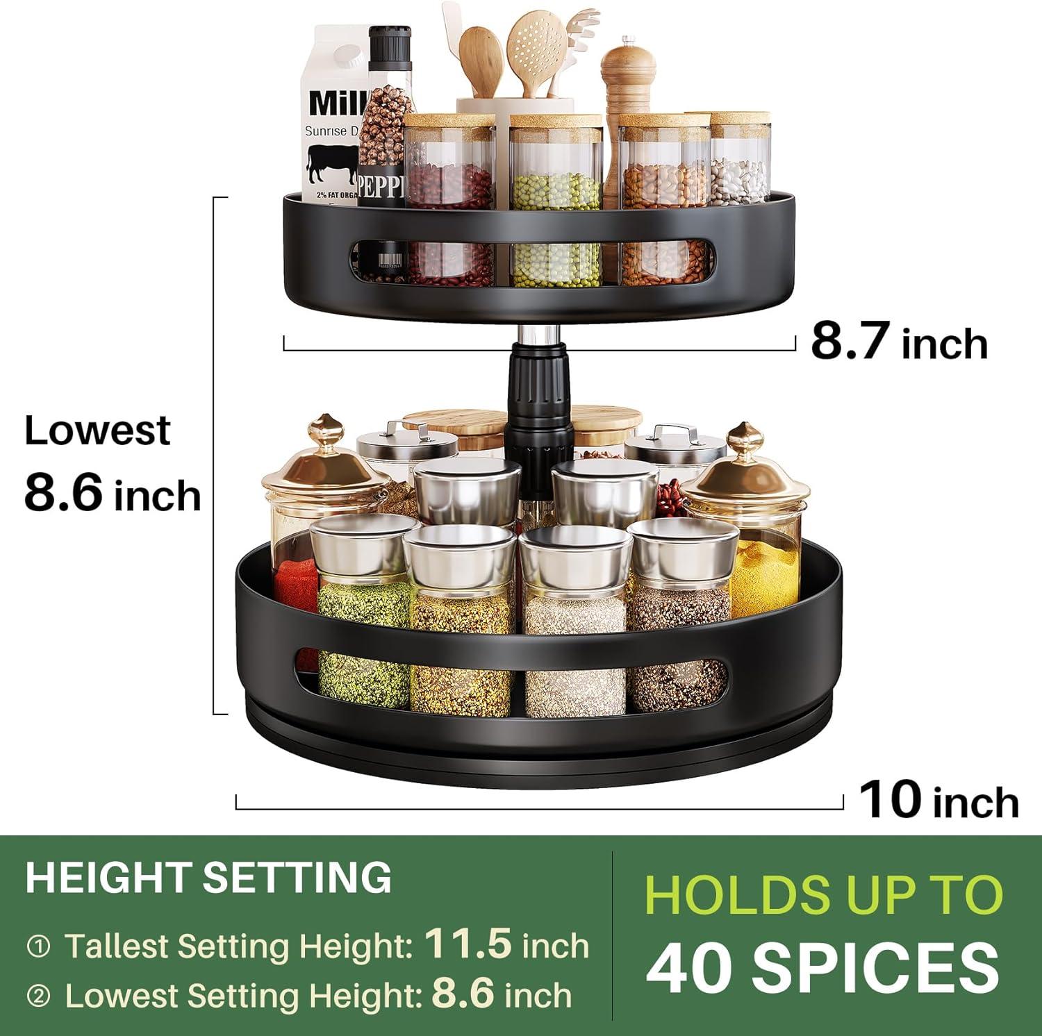 Lazy Susan Spice Rack Organizer for Cabinet - 2 Tier Height Adjustable Seasoning Organizer Metal Lazy Rotating Turntable Spice Organization for Table Top Pantry Kitchen Counter Storage (10 inch)