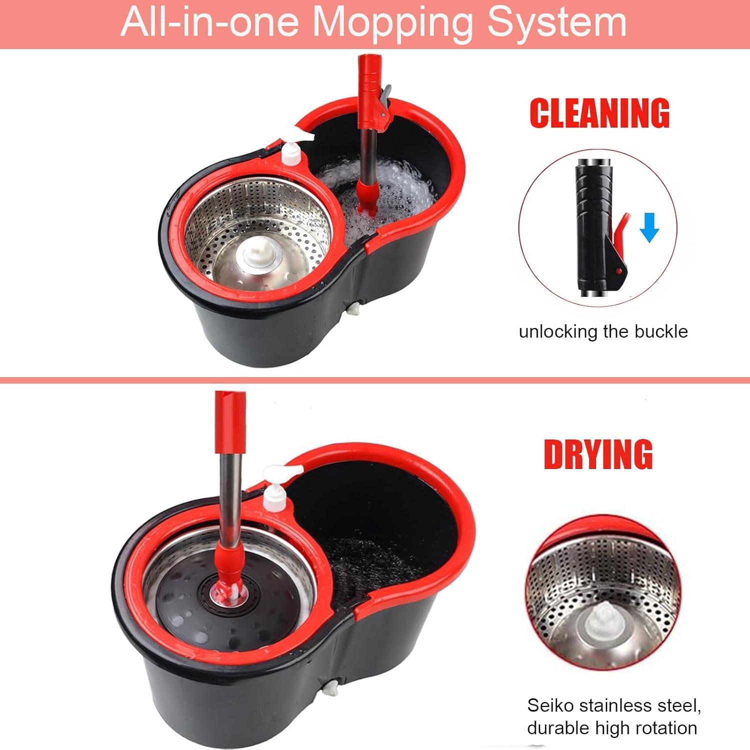 Spin Mop and Bucket with Wringer Set, 360° Spinning Mop Bucket System with 3 Microfiber Mop Replacement Heads, 61" Stainless Steel Extended Handle for Floor Cleaning Home Office