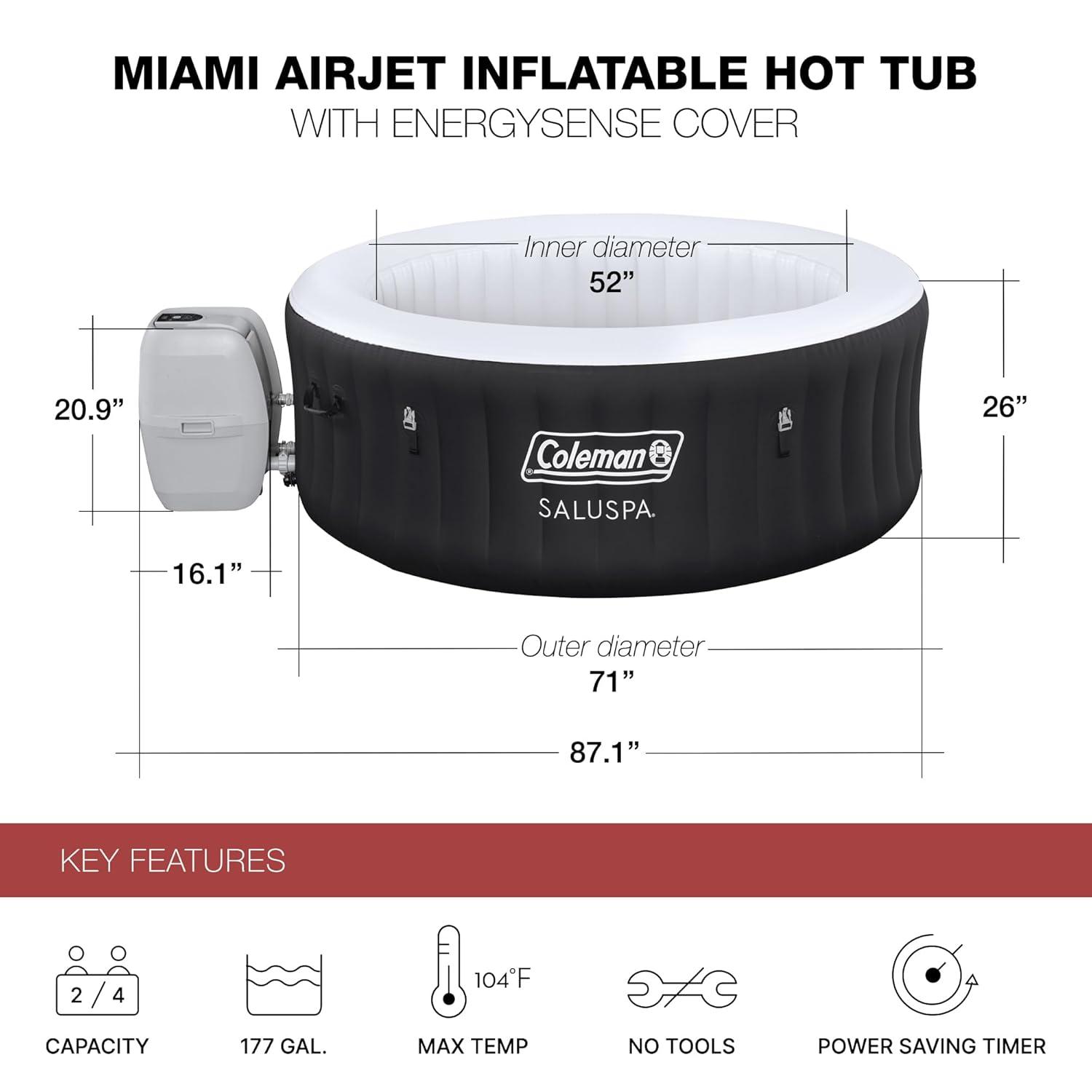 Bestway Coleman Miami AirJet Square Inflatable Hot Tub with EnergySense Cover, Black