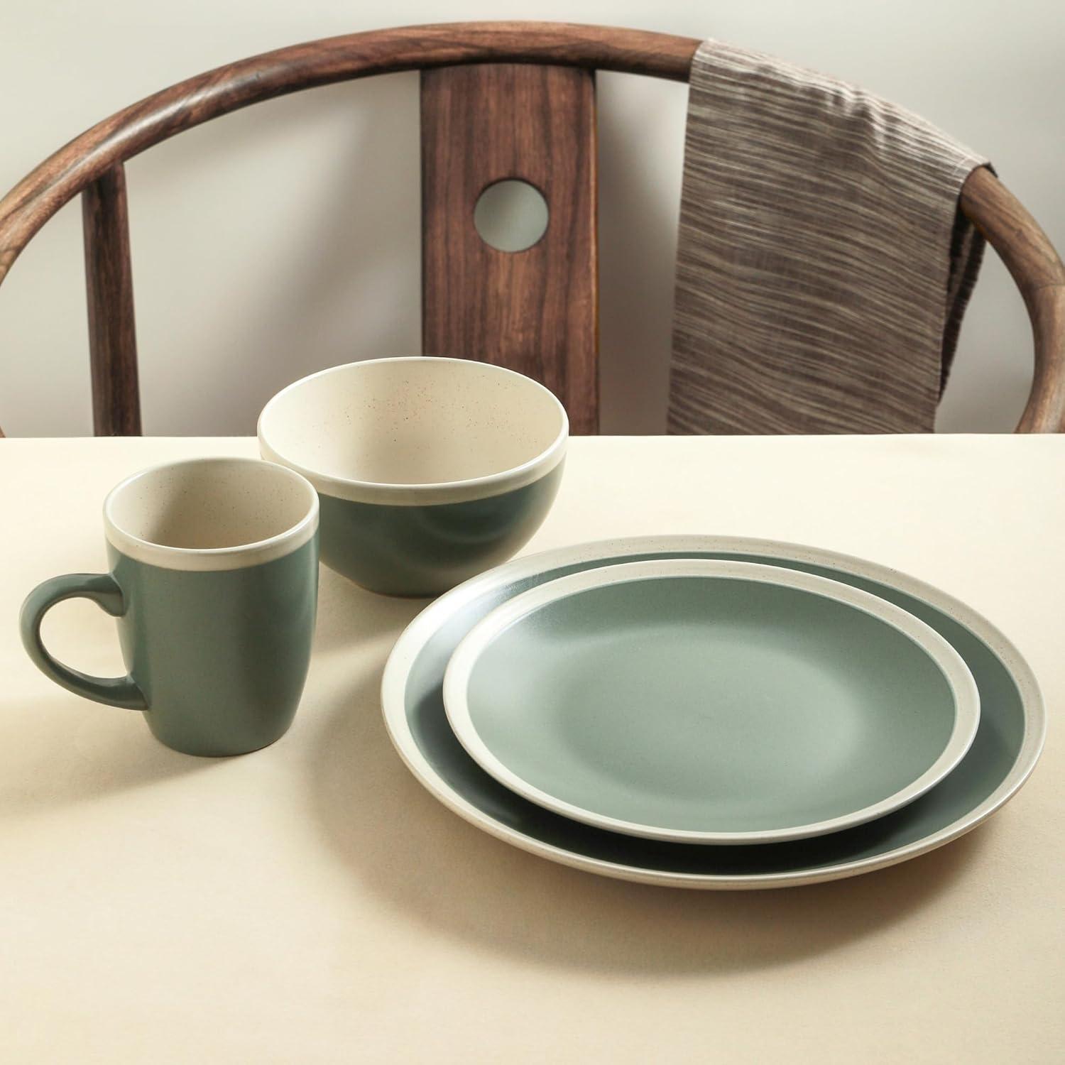 Stone Lain Serenity 16-Piece Stoneware Dinnerware Set, Service for 4, Green and Cream