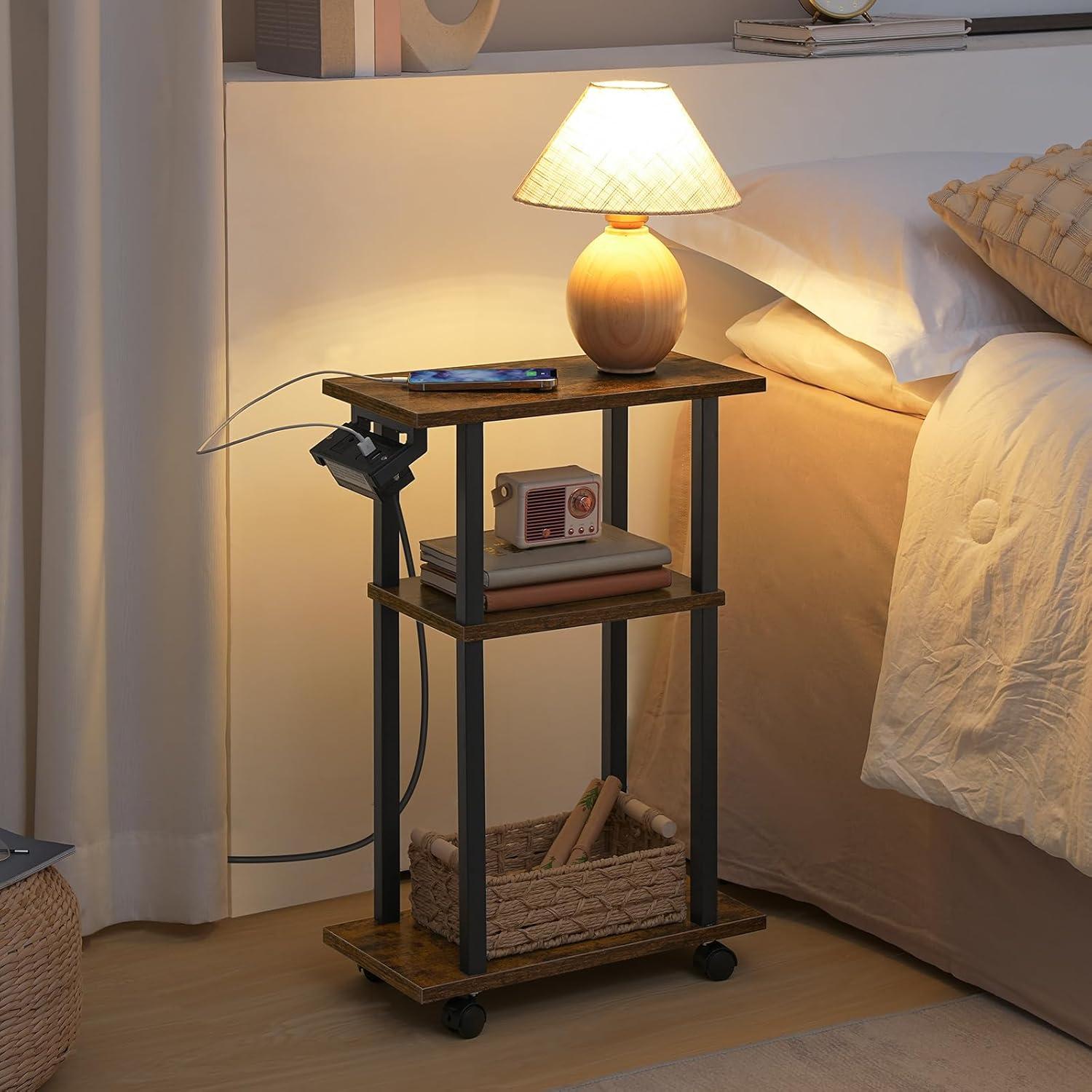 HOOBRO Small Narrow Side Table with Charging Station, Skinny End Table for Small Spaces, Slim Nightstand with USB Ports and Outlet, Sofa Beside Table on Wheels for Living Room BF122UBZ01