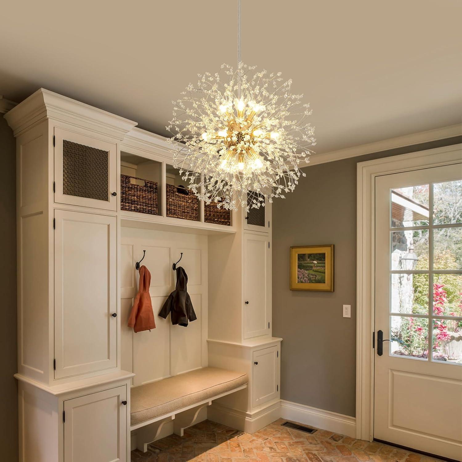 Mercer41 Modern Gold Crystal Chandelier With 12-Light Firework Design, Adjustable Dandelion Pendant Lighting For Dining Room, Living Room, Bedroom, Kitchen, And Hallway