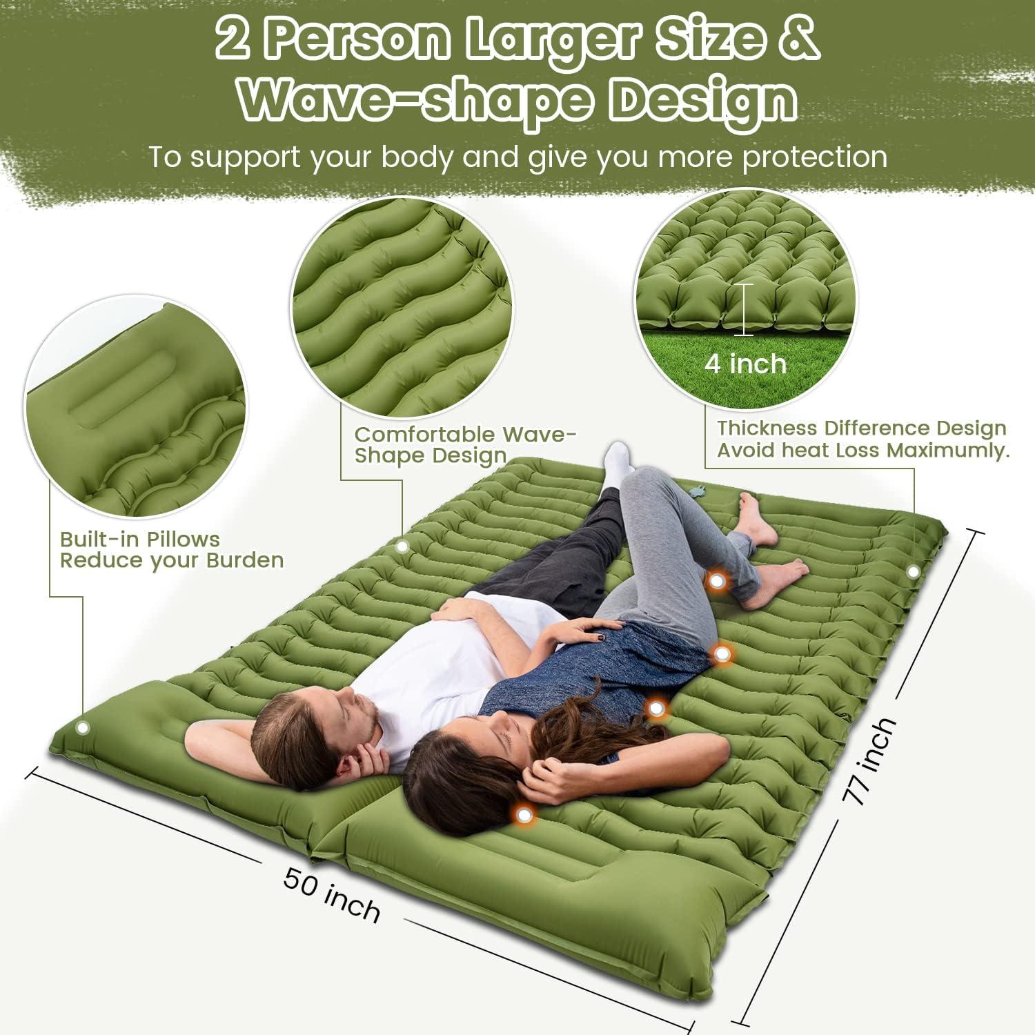 Olive Green Double Self-Inflating Camping Sleeping Pad with Built-in Pillow