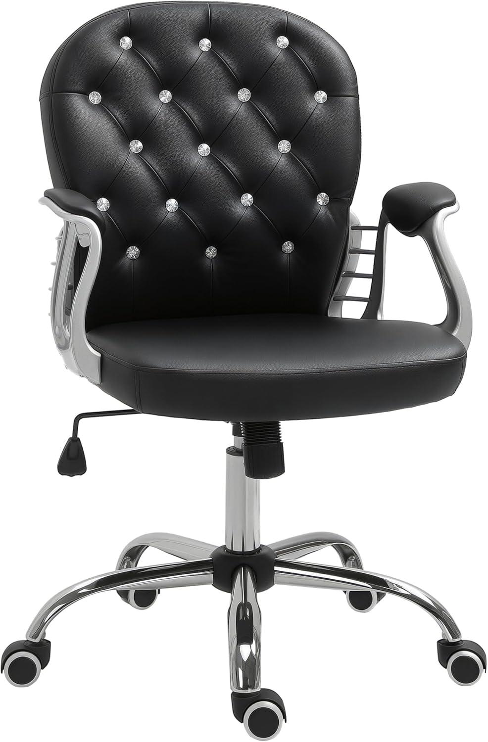 Vinsetto Vanity PU Leather Mid Back Office Chair Swivel Tufted Backrest Task Chair with Padded Armrests, Adjustable Height, Rolling Wheels, Beige