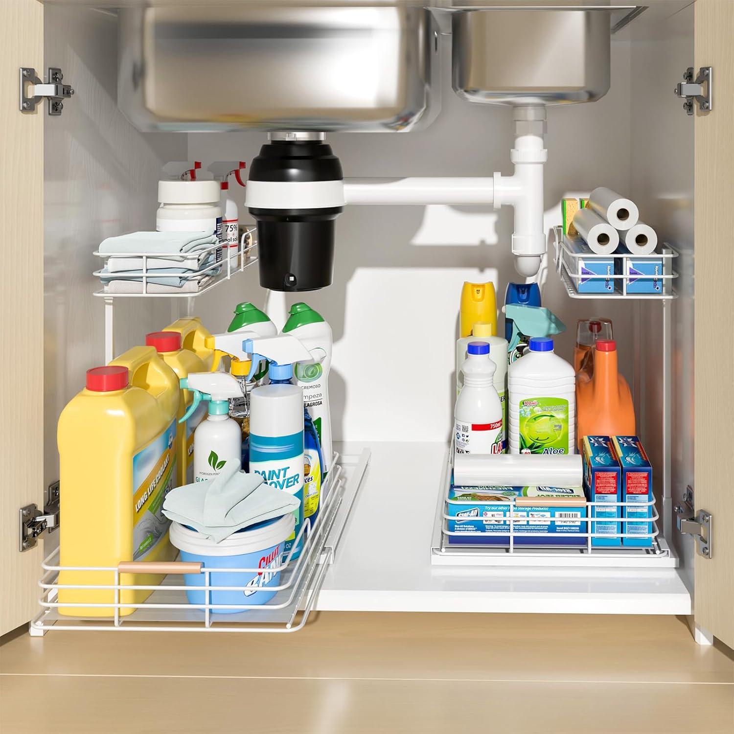 Delamu 2 Pack Under Sink Organizer and Storage, 2 Tier Pull Out Cabinet Organizer, Slide Out Under Sink Storage Shelf for Kitchen Bathroom, White