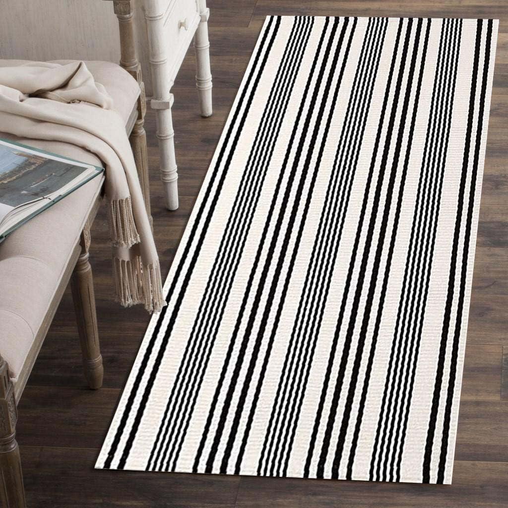 Black and White Striped Hand-Woven Outdoor Rug 24'' x 51''