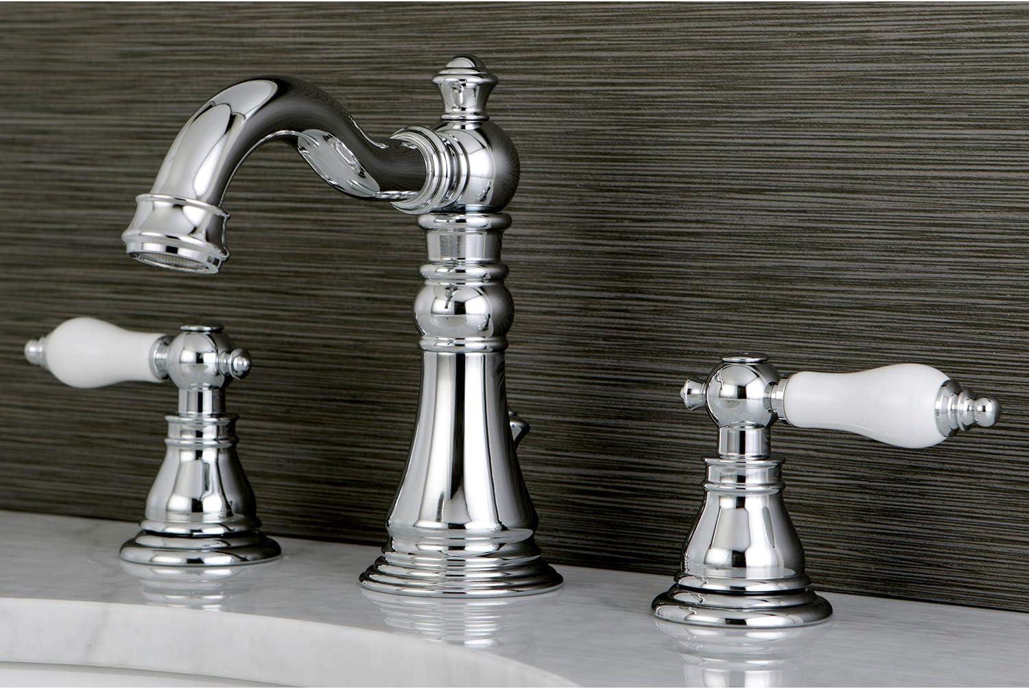 Kingston Brass American Patriot Two-Handle 3-Hole Deck Mount Widespread Bathroom Faucet with Retail Pop-Up Drain