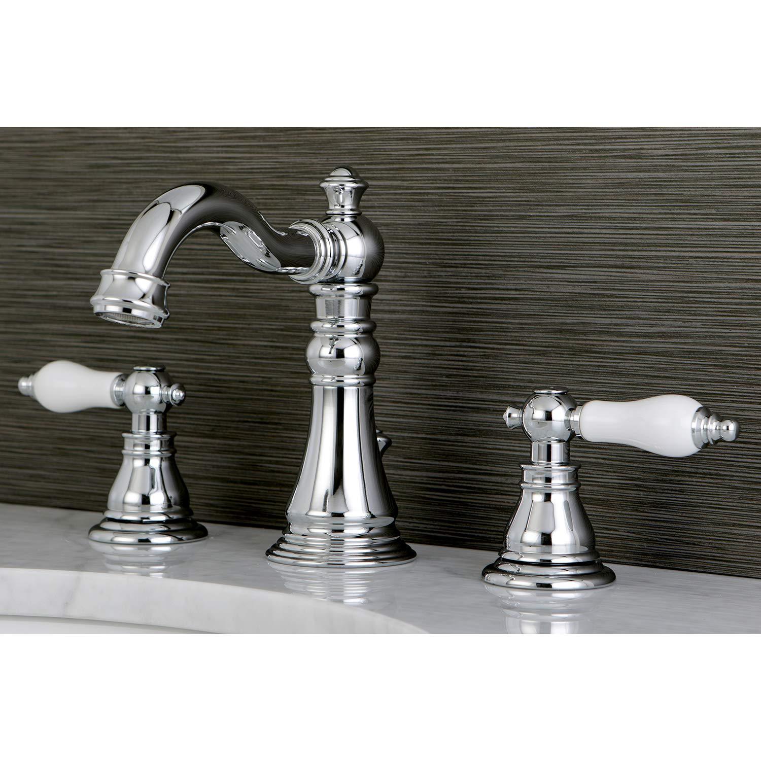 Kingston Brass American Patriot Two-Handle 3-Hole Deck Mount Widespread Bathroom Faucet with Retail Pop-Up Drain