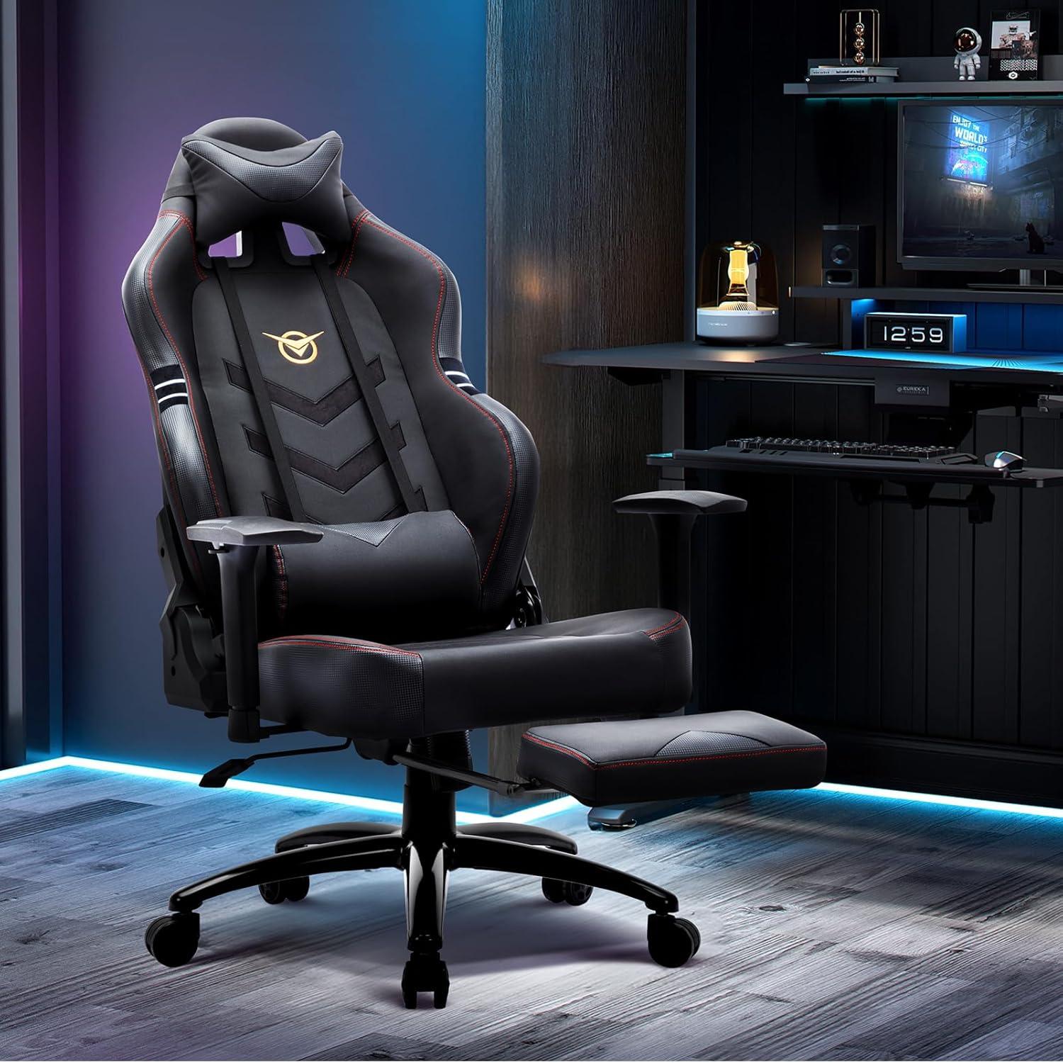 Big and Tall Gaming Chair with Footrest 350lbs-Racing Style Computer Gamer Chair, Ergonomic High Back PC Chair with Wide Seat, Reclining Back, 3D Armrest, Headrest and Lumbar Support for Adult-Black