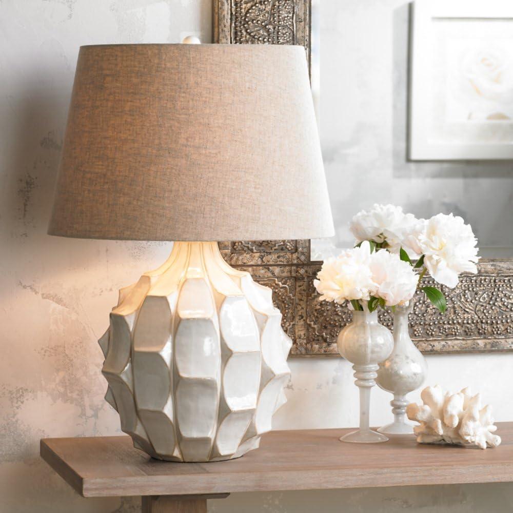 Possini Euro Design Cosgrove Modern Mid Century Table Lamp 26 1/2" High White Glazed Ceramic Light Brown Linen Drum Shade for Bedroom Living Room Home