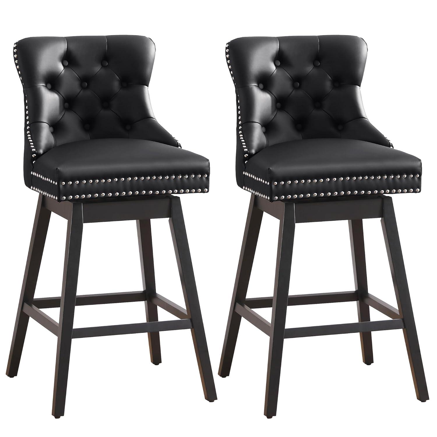 Dycanpo 26'' Swivel Bar Stools Set of 2, Upholstered Barstool with Footrest for Kitchen,Black-Faux Leather