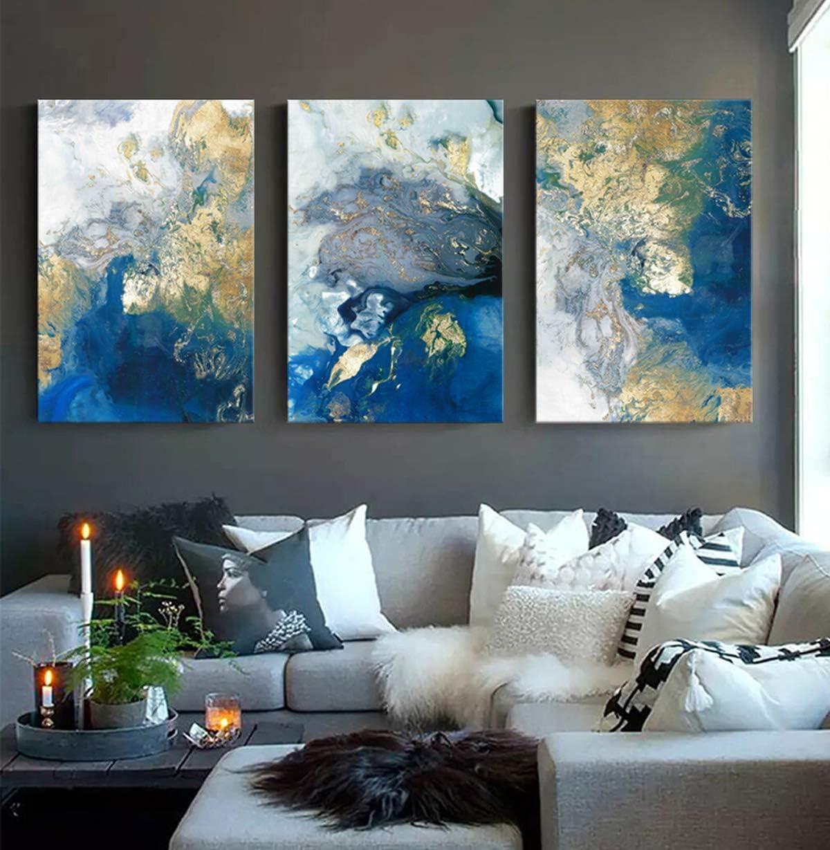 Ocean Abstract Canvas Art Blue Picture Gold Teal Painting Crashing Waves Artwork 3 Piece Wall Decor for Bedroom Ready to Hang 16x24in x3