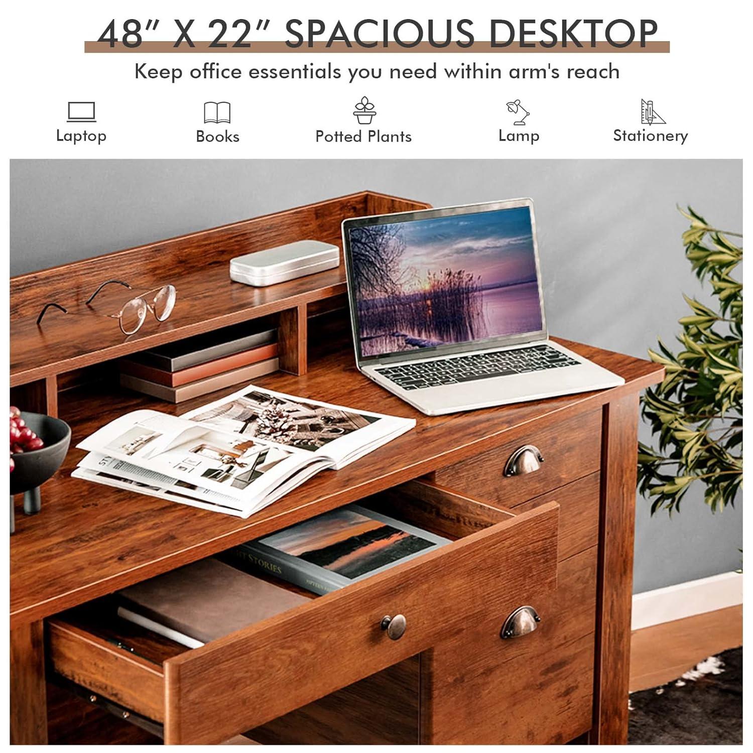 GVN Vintage Computer Desk with Storage Shelves and 4 Drawers-Rustic Brown, Desk for Bedroom, Gaming Computer Desks for Study,Working,Writing