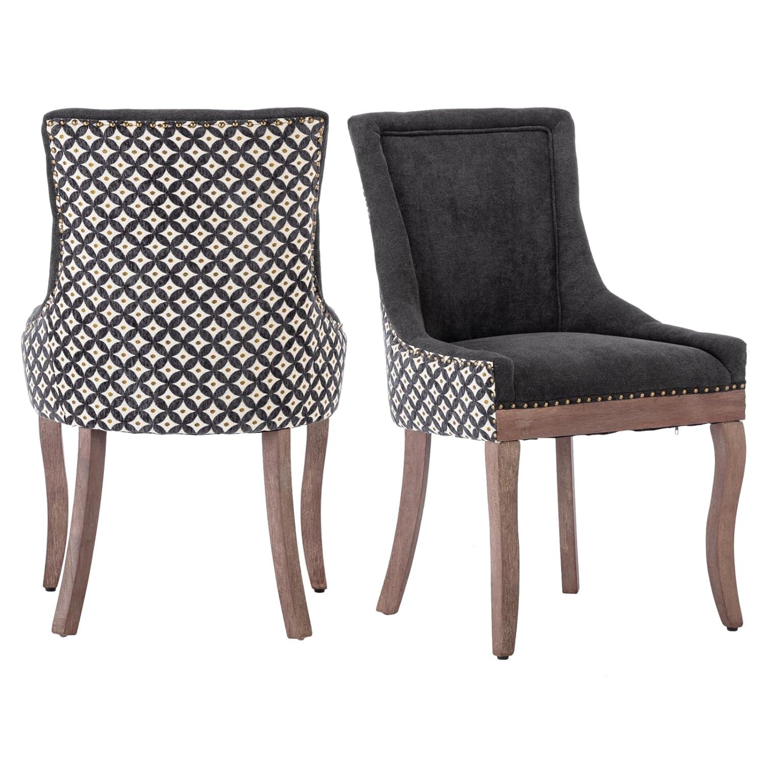 Upholstered Dining Chairs Set of 2, Solid Wood Kitchen Dining Room Chairs with Thicken Padded and Nailhead Trim for Home Kitchen Bedroom Black and Patterned