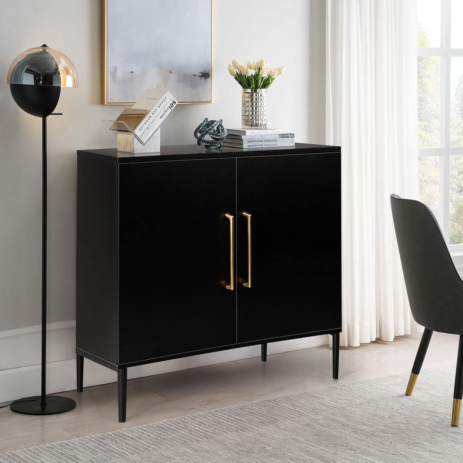 Modern Black Wood Storage Cabinet with Gold Handles