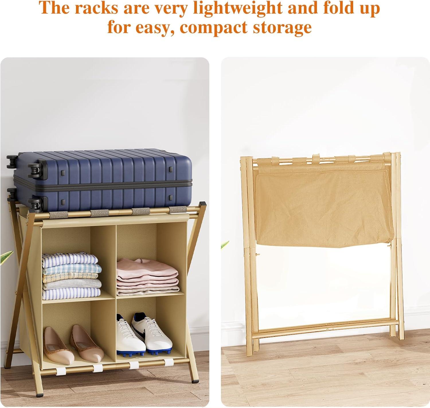 aboxoo Luggage Rack with storage, Guest Room Folding Suitcase Stands, Holds up to 120 lb, Space Saving Suitcase Holders for guest room, Bedroom Hotel, Gold