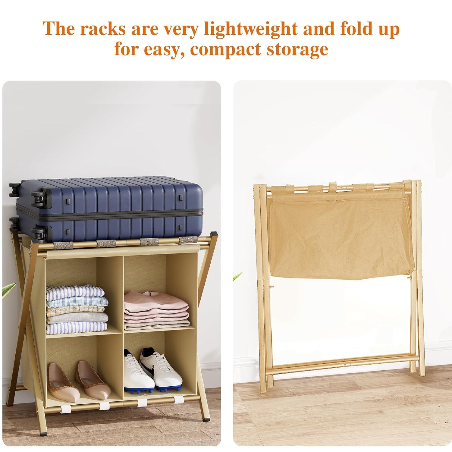 aboxoo Luggage Rack with storage, Guest Room Folding Suitcase Stands, Holds up to 120 lb, Space Saving Suitcase Holders for guest room, Bedroom Hotel, Gold