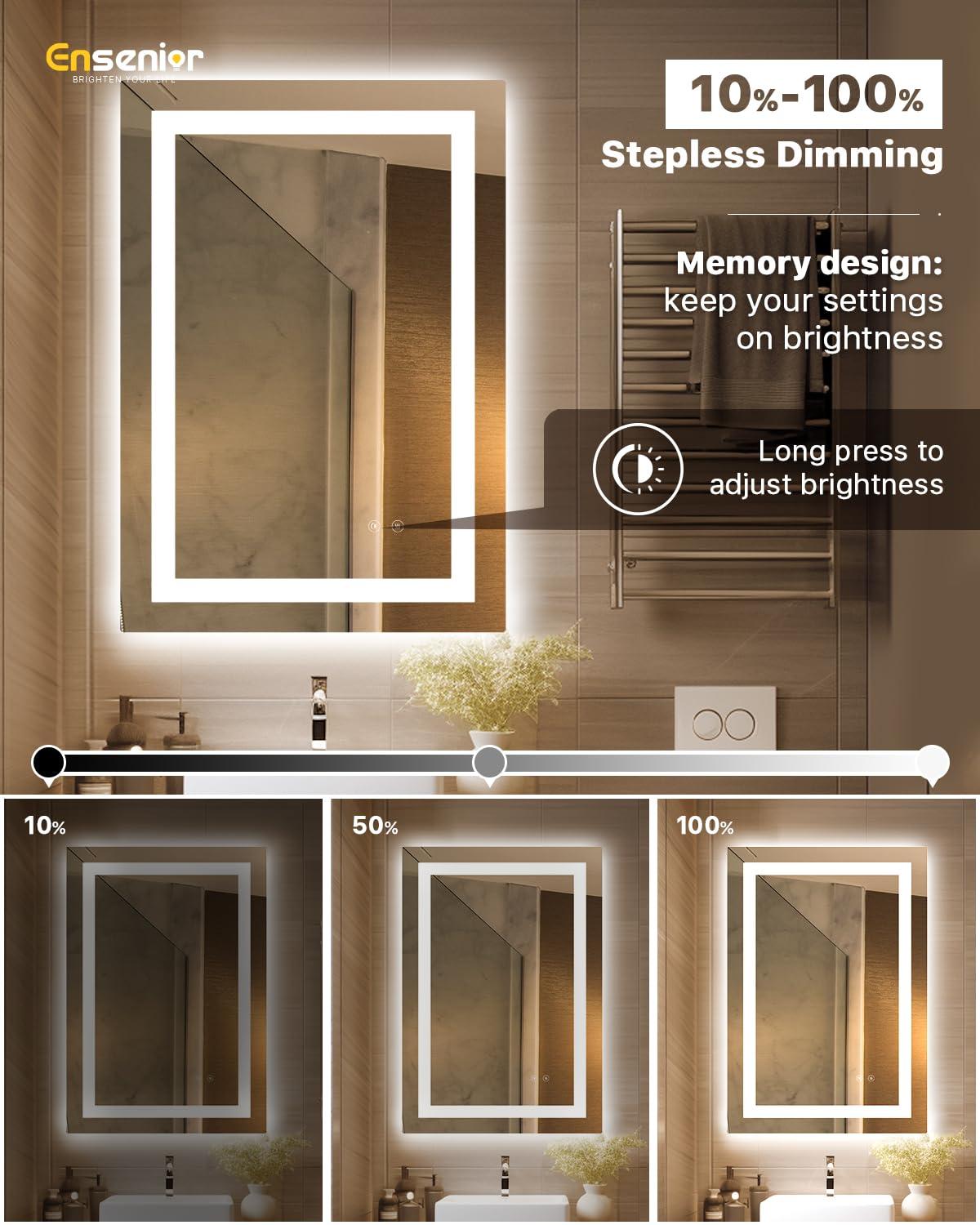 Amorho LED Mirror for Bathroom, 24"X32" with Front and Backlight, Stepless Dimmable Wall Mirrors with Anti-Fog, Shatter-Proof, Memory, 3 Colors, Double LED Vanity Mirror(Horizontal/Vertical)
