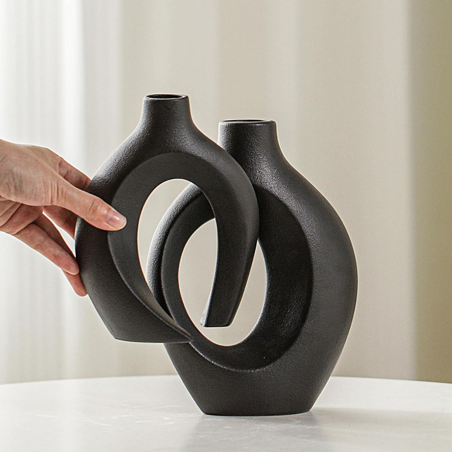 Matte Black Ceramic Decorative Vase Set with Curved Design