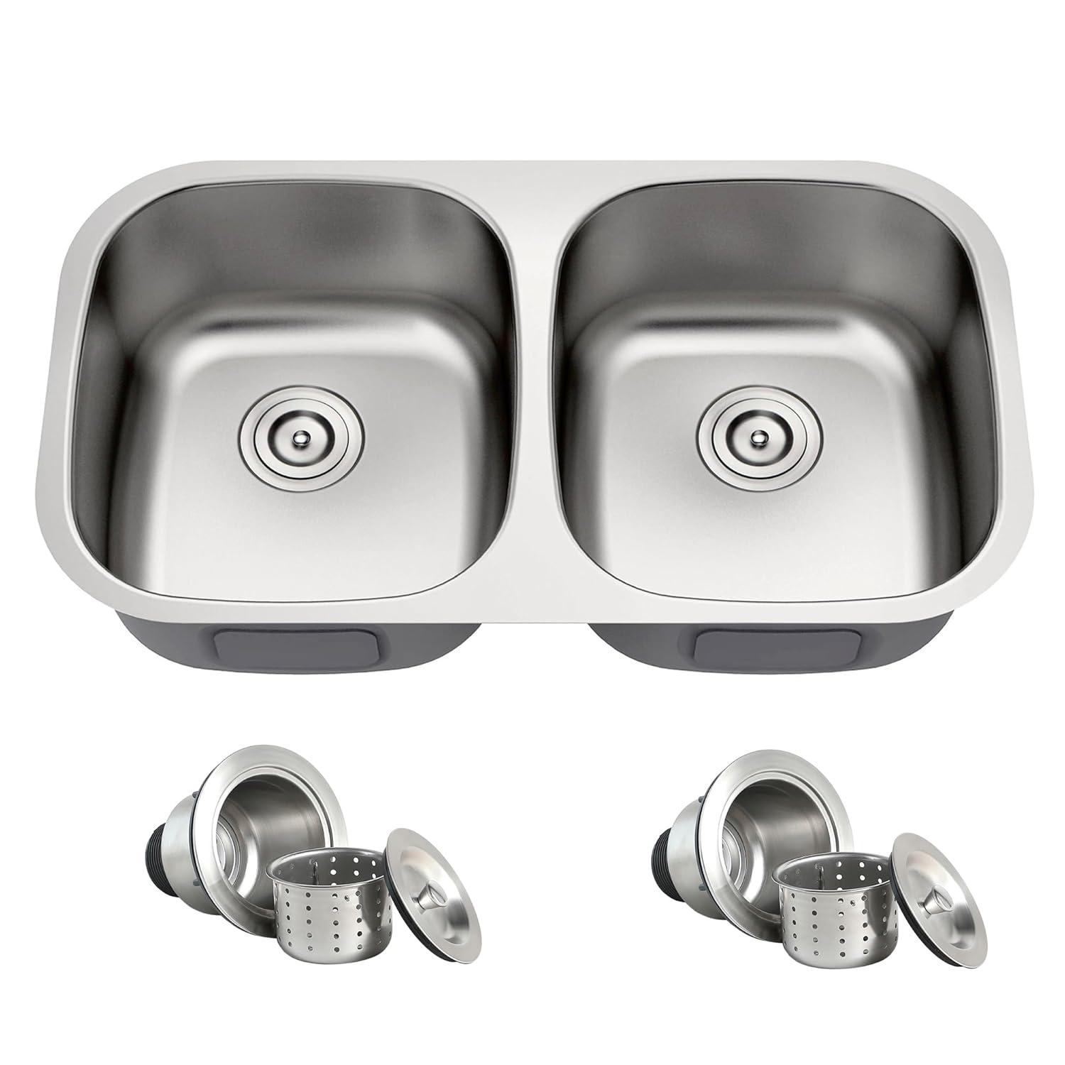 Blenzia 32 Inch Double Bowl Kitchen Sink 50/50 Undermount 304 Stainless Steel 18 Gauge 32" X 18" X 9"