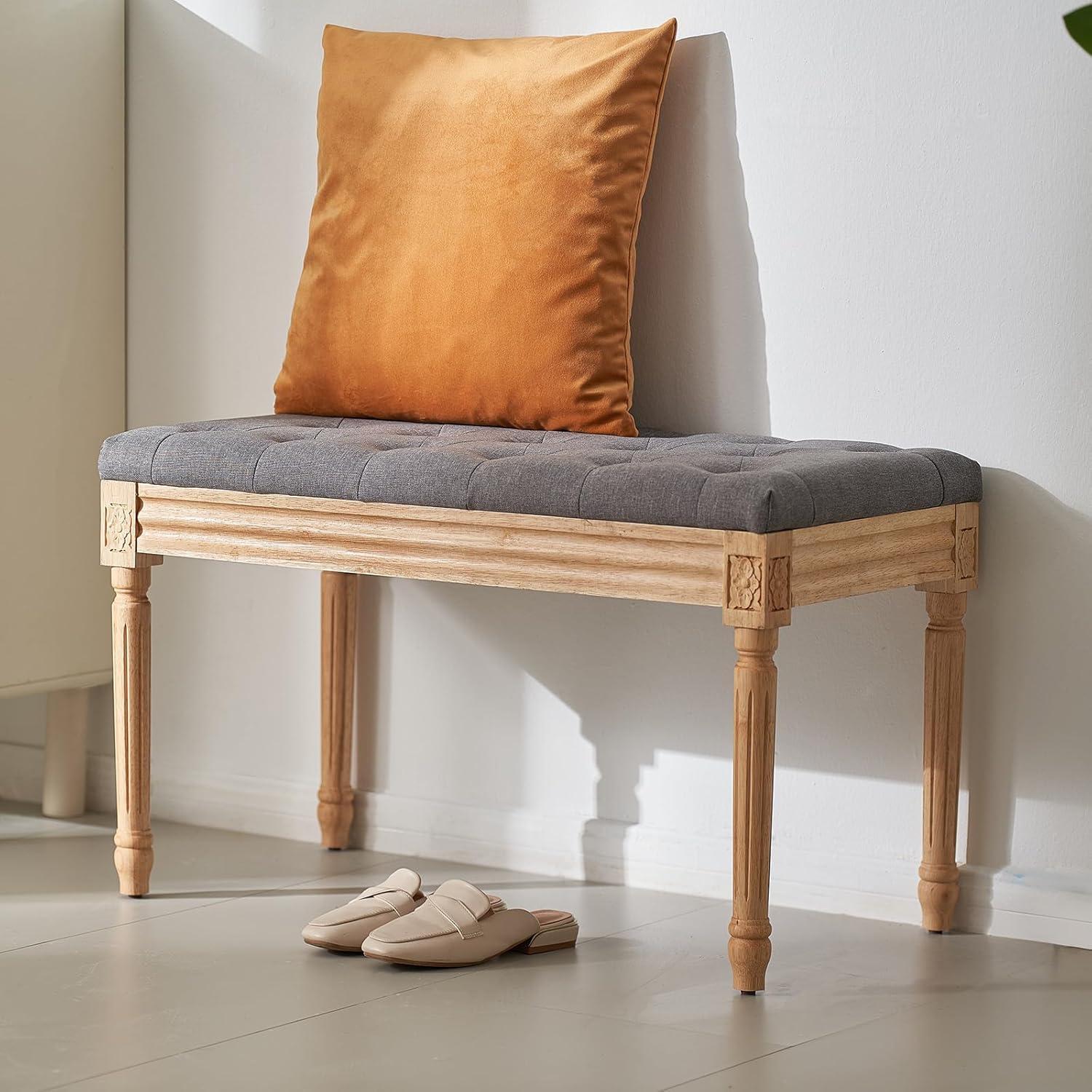 VEVOR Entryway Bench Upholstered Ottoman, Bedroom Bench for End of Bed Foam Padded Cushion & Rubberwood Legs, Tufted Footrest Stool for Dining, Living Room, Hallway, 32 x 16 x 19 Inches, Dark Gray