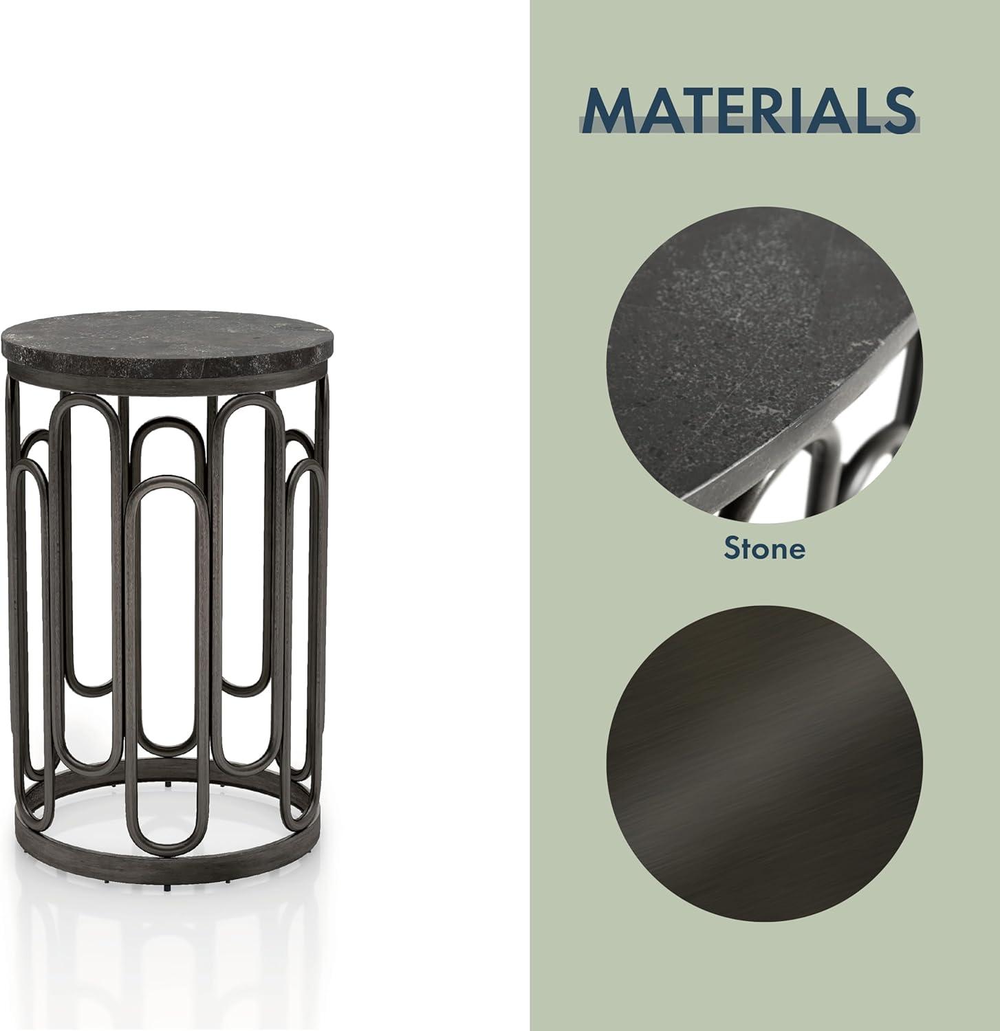 Furniture of America Saz Metal Stone Top Small End Table, Black