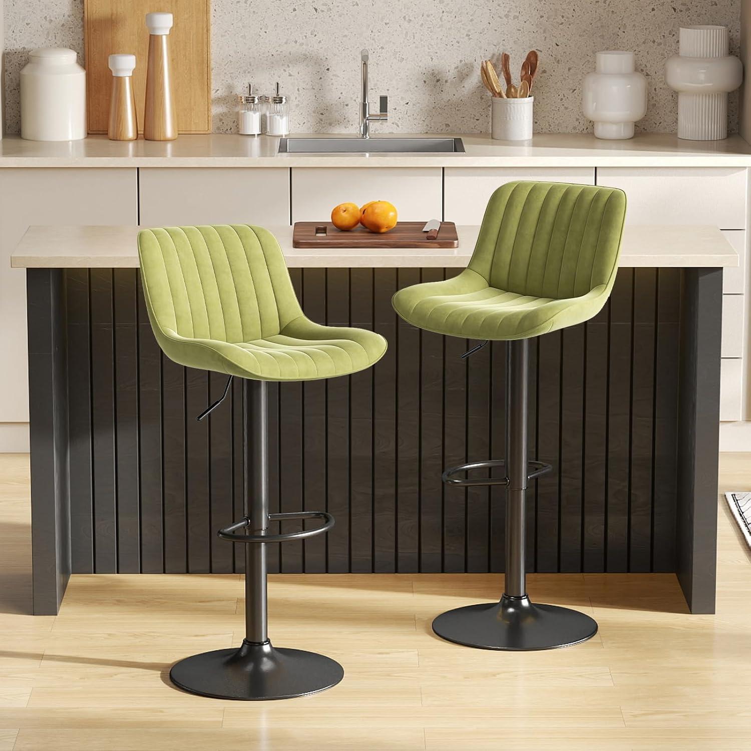 Hawsaiy Adjustable Bar Stools Set of 2, Swivel Counter Height Bar Chairs with Back, Modern Technical Fabric Barstools for Kitchen Island & Home, Green