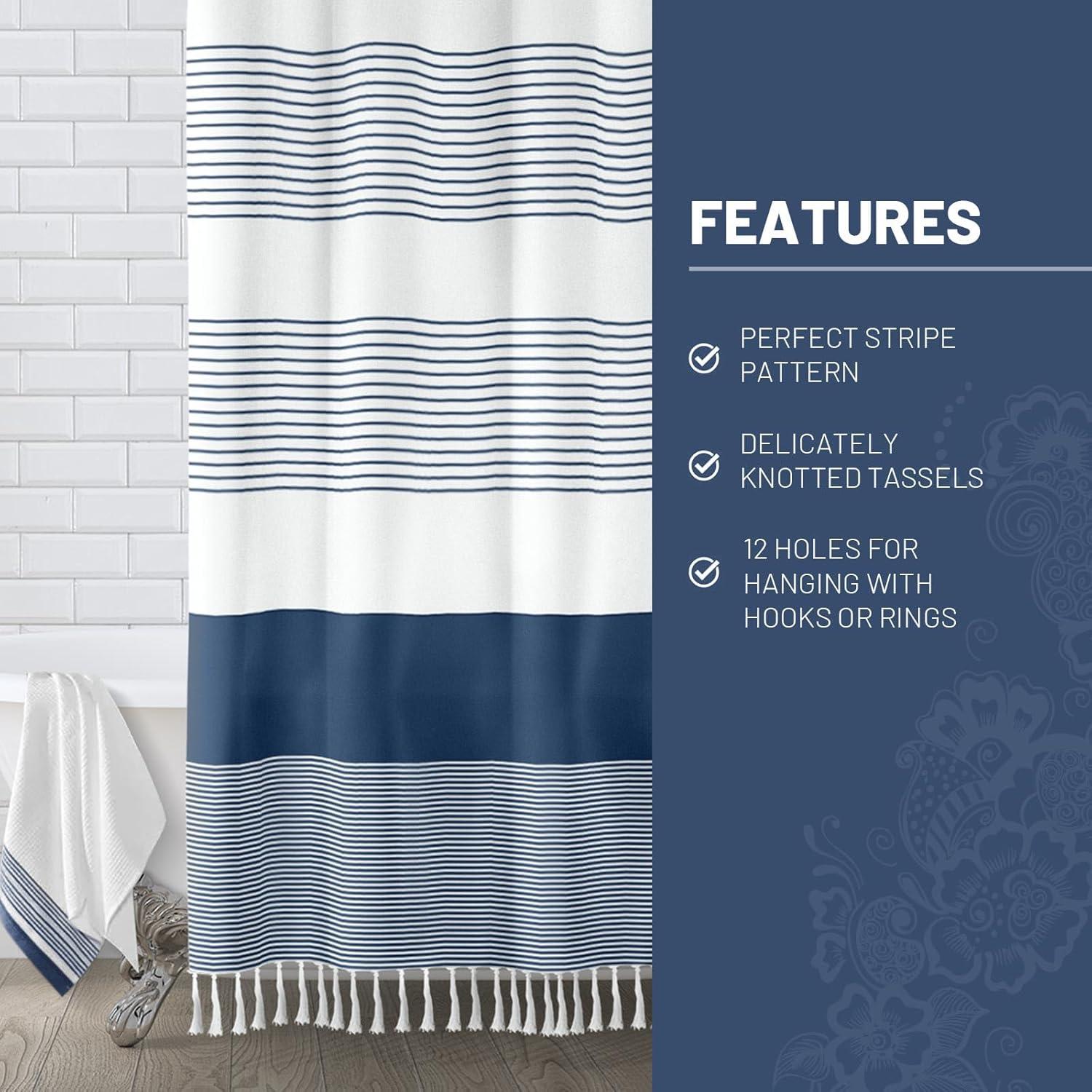 bufftieo Navy Blue and White Shower Curtain for Bathroom Boho Striped Fabric Modern Farmhouse Tassel Shower Curtain Sets - 72" x 72"
