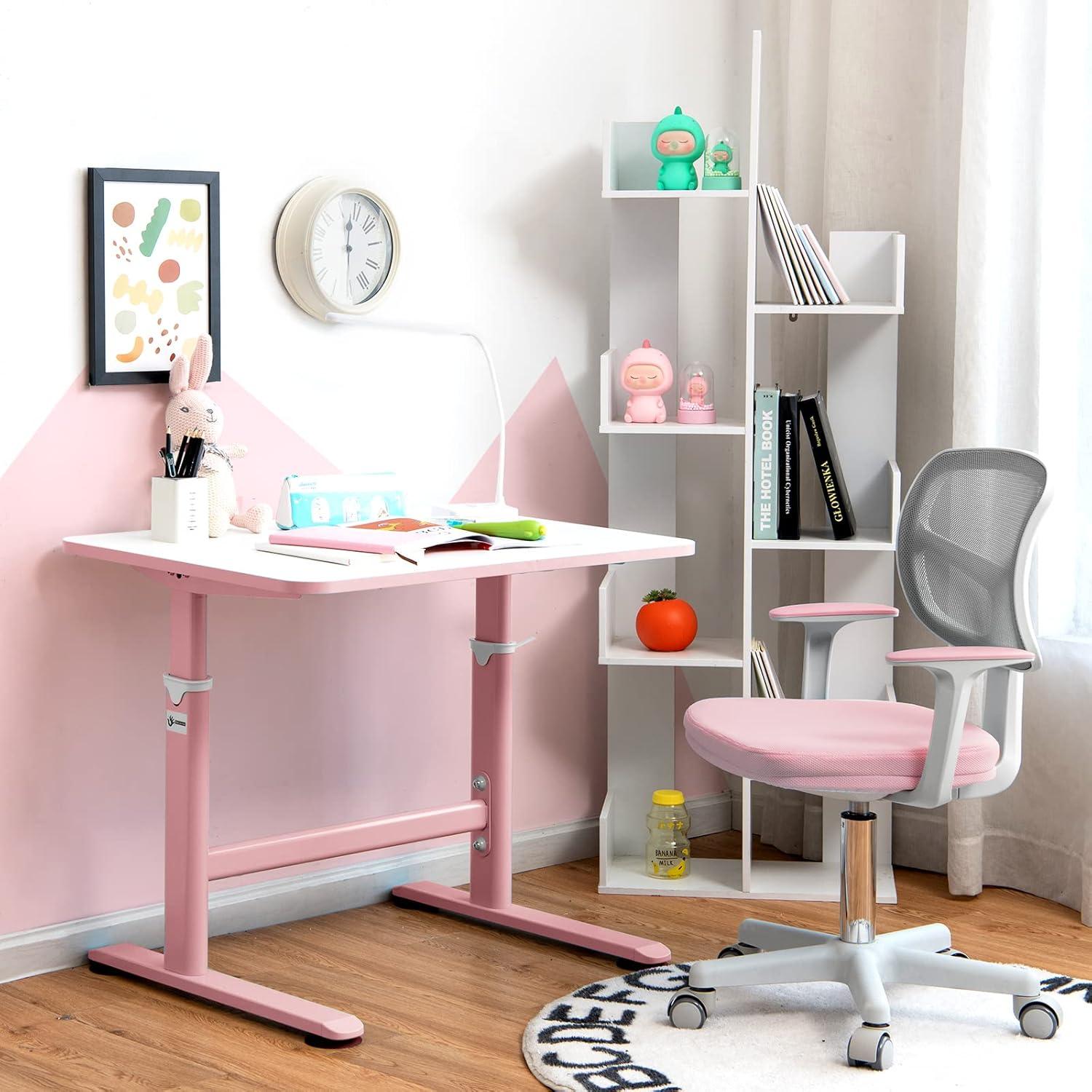 Pink Adjustable Mesh Swivel Kids Desk Chair with Armrests