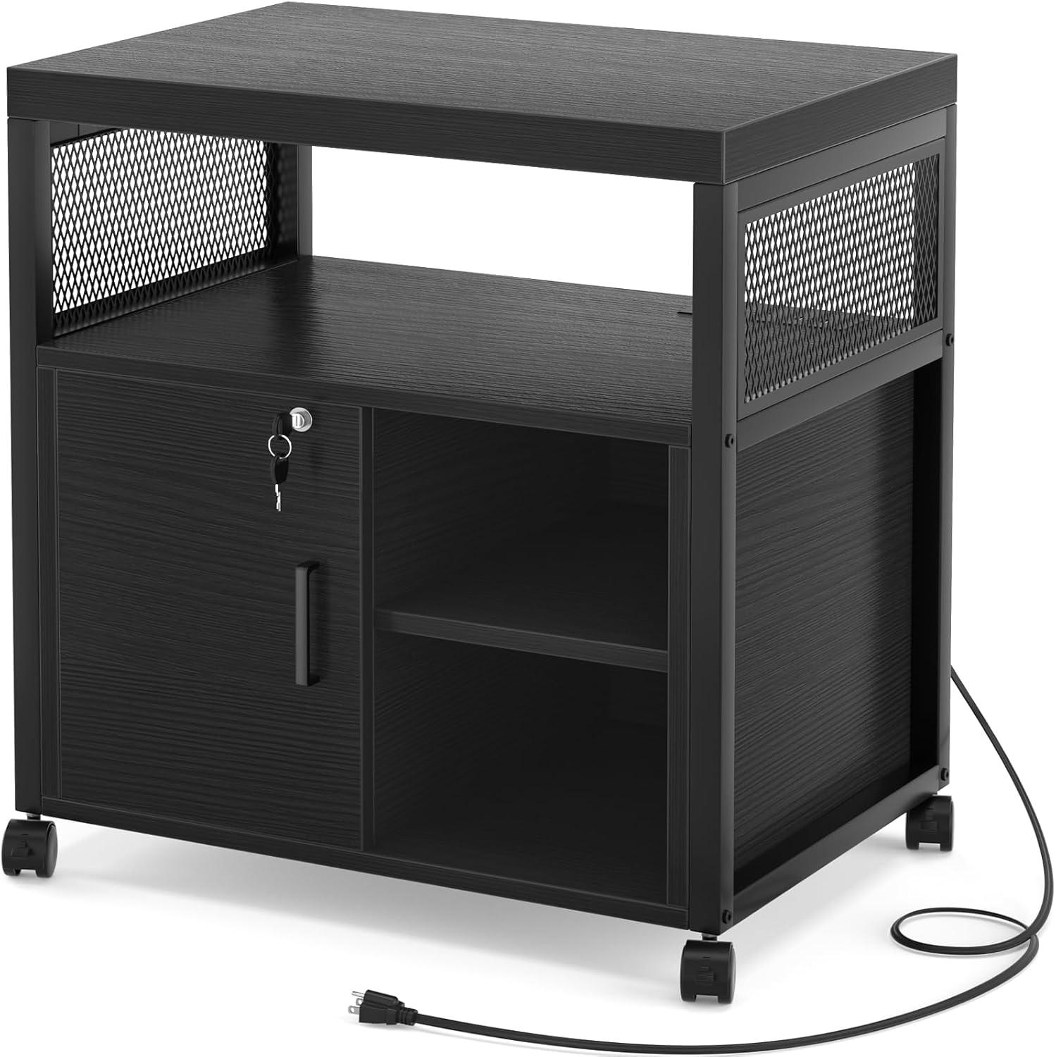 Unikito Rolling File Cabinet Lateral Office Filing Cabinets with Socket and USB Charging Port, Modern Printer Stand on Wheels, Printer Cabinet with Door and Open Storage, Lockable, White