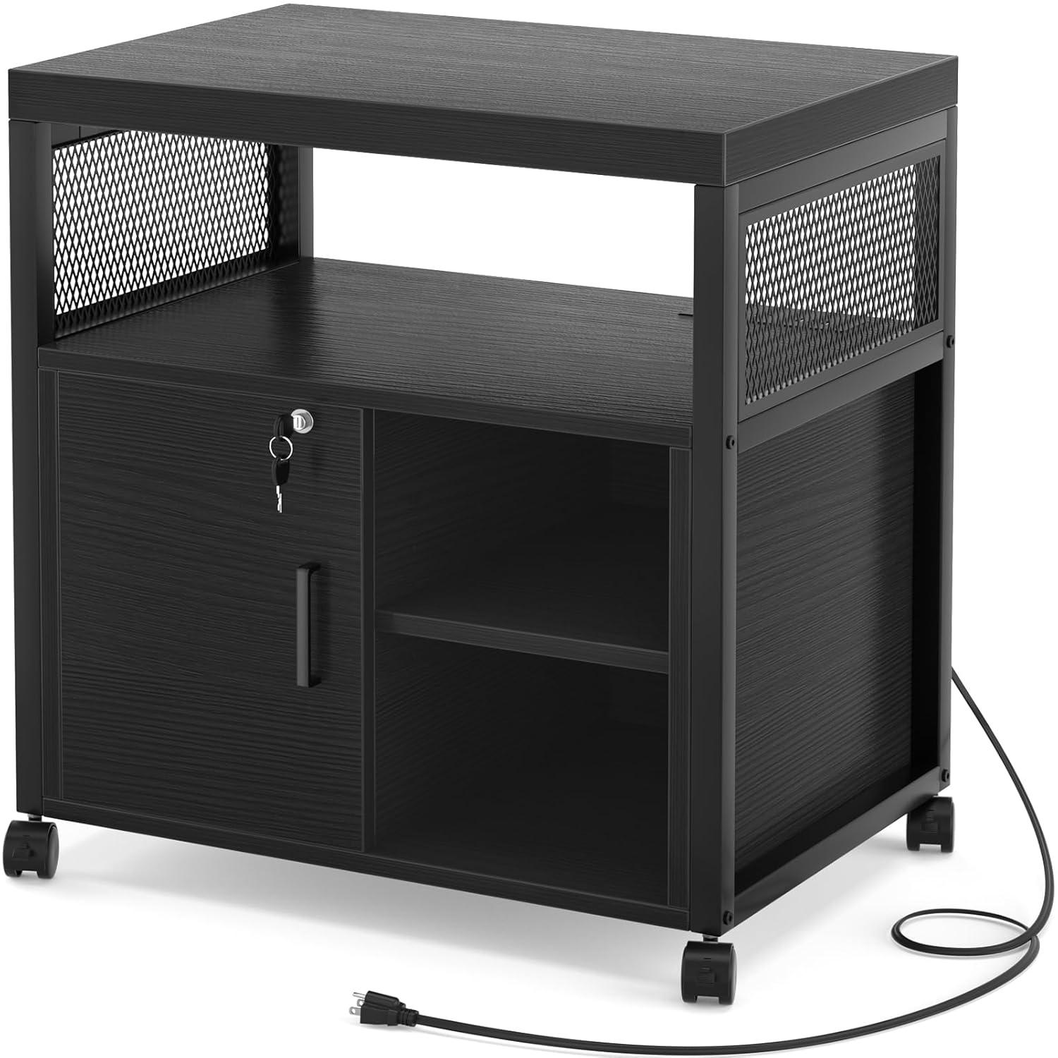 Unikito Rolling File Cabinet Lateral Office Filing Cabinets with Socket and USB Charging Port, Modern Printer Stand on Wheels, Printer Cabinet with Door and Open Storage, Lockable, White