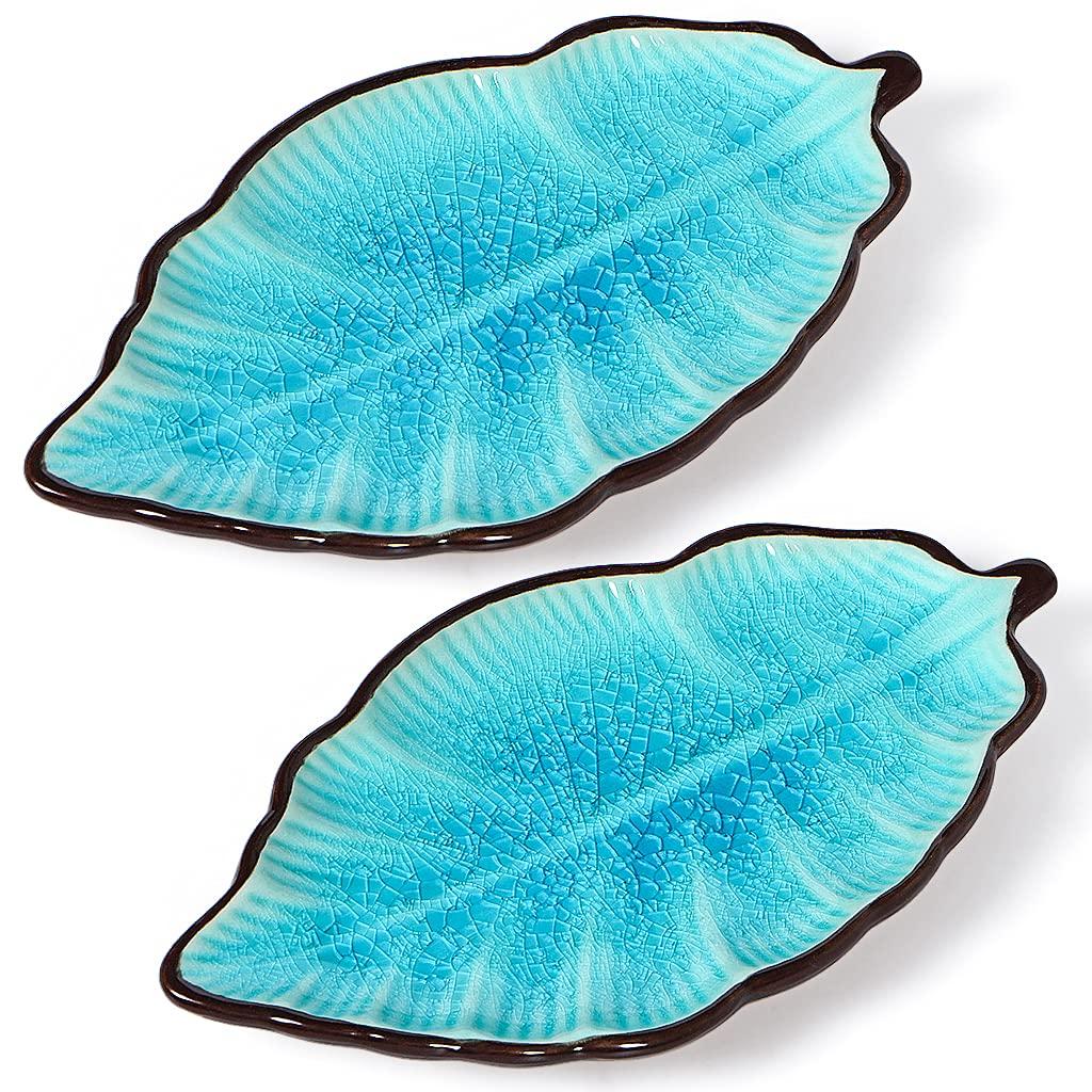 2 Pack Leaf Spoon Rest, Ceramic Ladle Holder, Modern Farmhouse Decorative Utensil Rester for Stove Top, Kitchen Counter, Dining Table, Coffee Station (Teal)