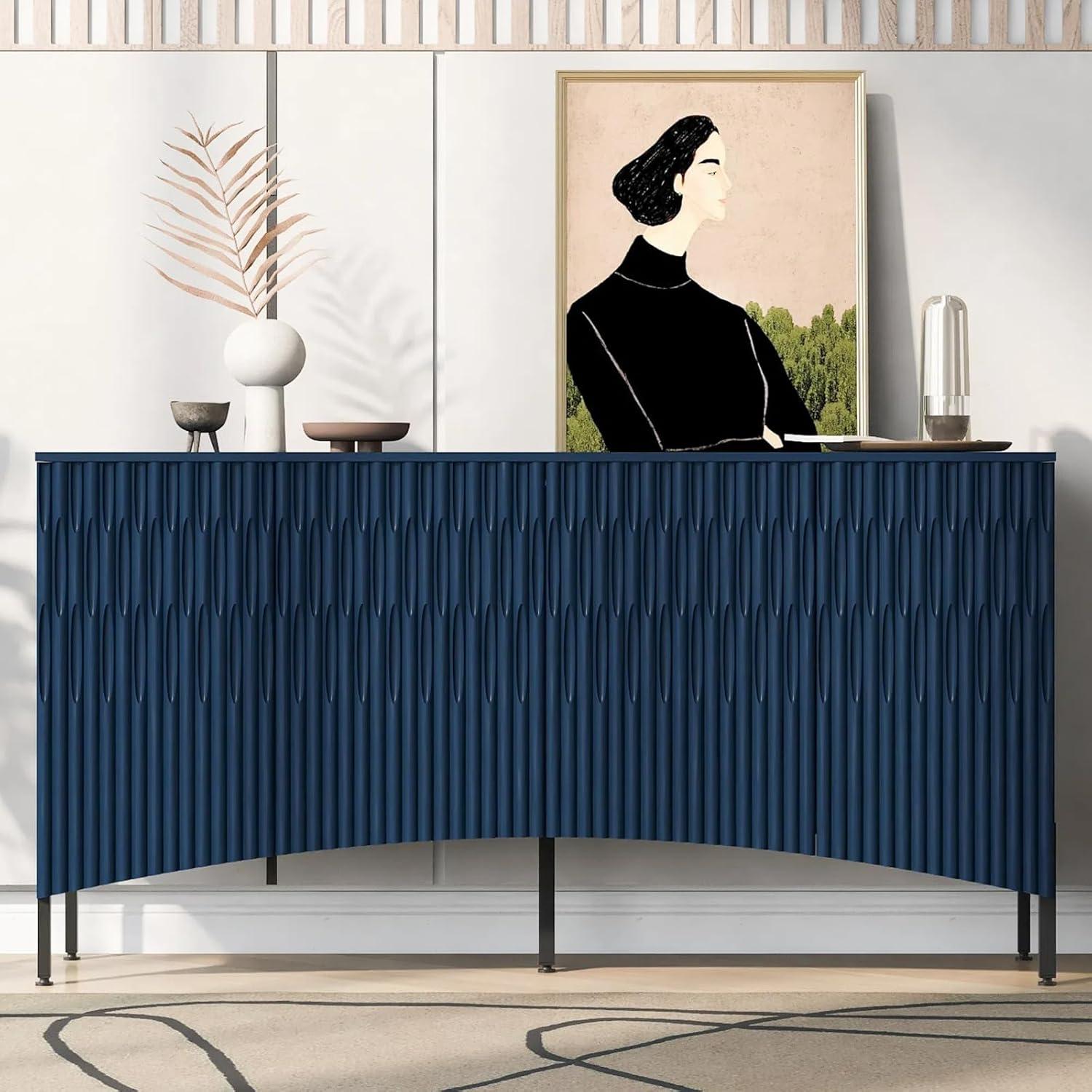 Navy Blue Curved 60" Modern Sideboard with Metal Legs