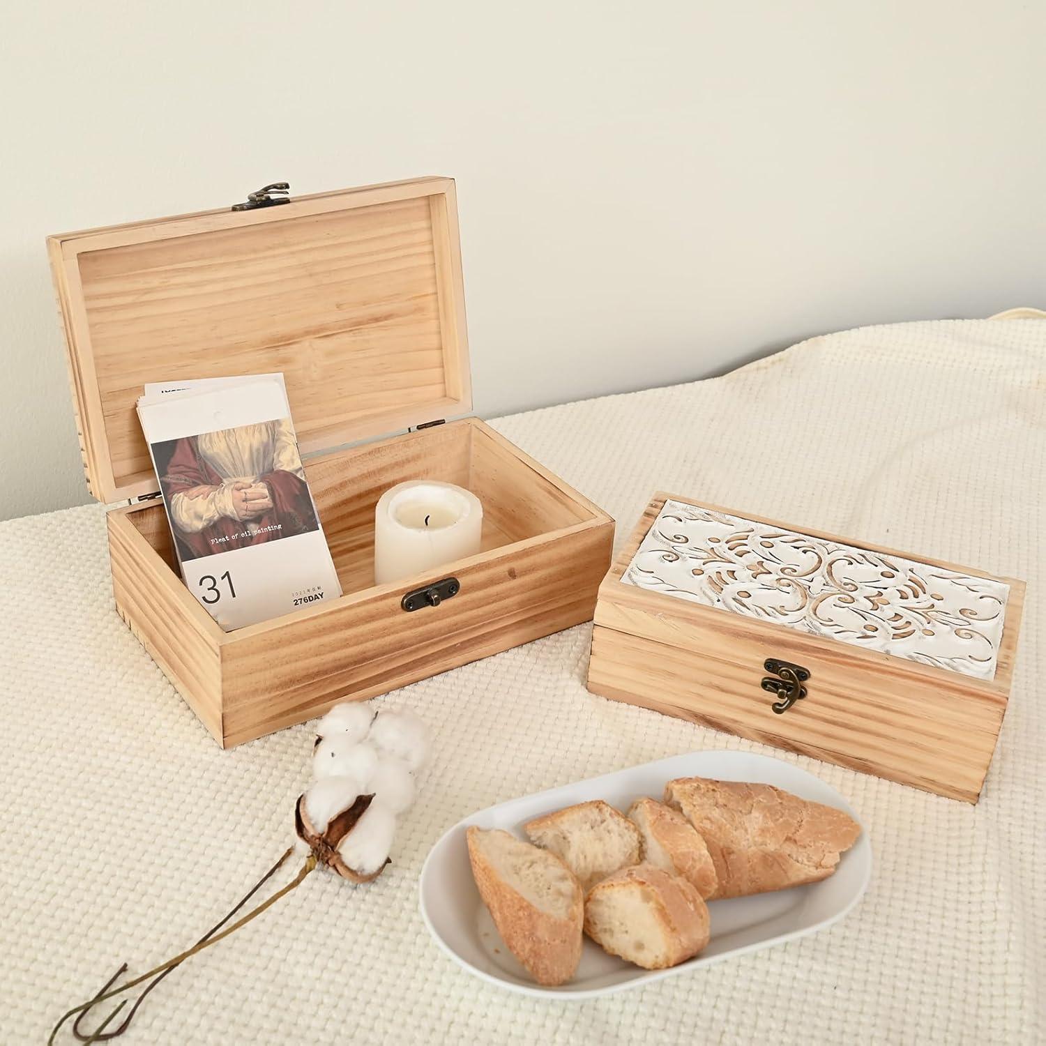Wooden Box Set of 2 - Rustic Farmhouse Decorative Boxes with Hinged Lid and Carved Design