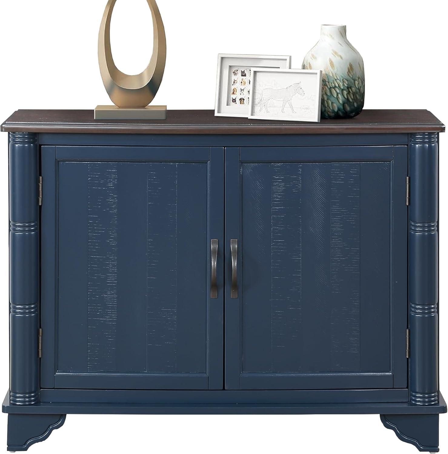 Rustic Blue and Brown Pine Wood Sideboard with Adjustable Shelves