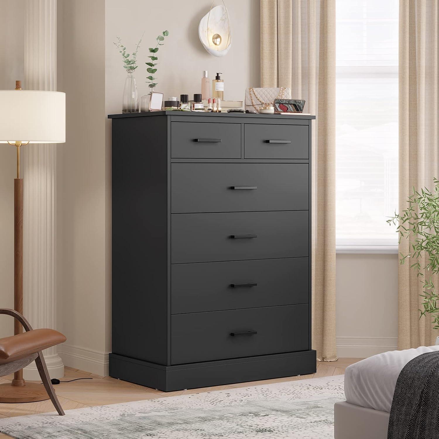 Black Dresser for Bedroom, 6 Drawers Dresser Wood Storage Tower Clothes Organizer, Chest of 6 Drawers, Large Capacity Storage Cabinet, Tall Dresser for Bedroom, Hallway, Entryway