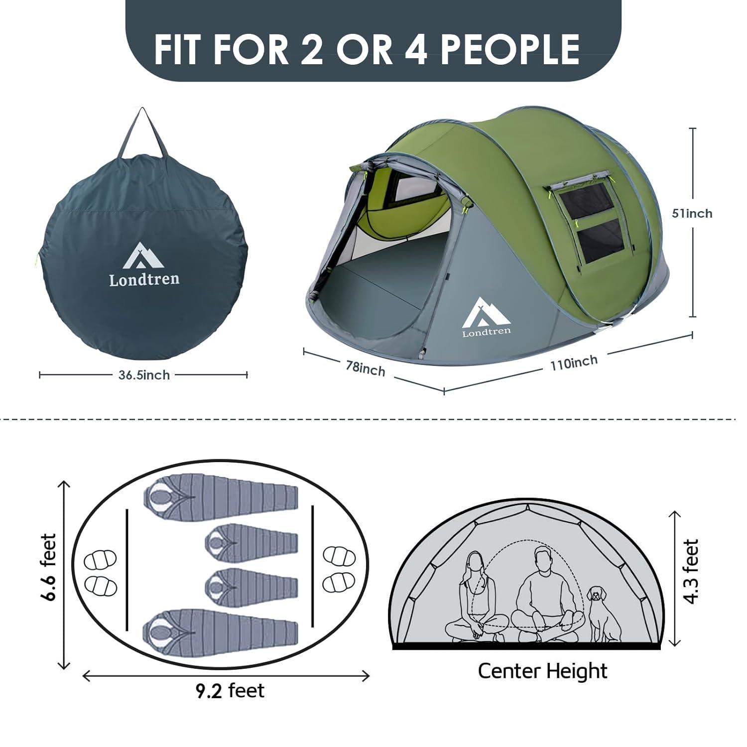 4 Person Easy Pop Up Tent Waterproof Automatic Setup 2 Doors-Instant Family Tents for Camping Hiking & Traveling