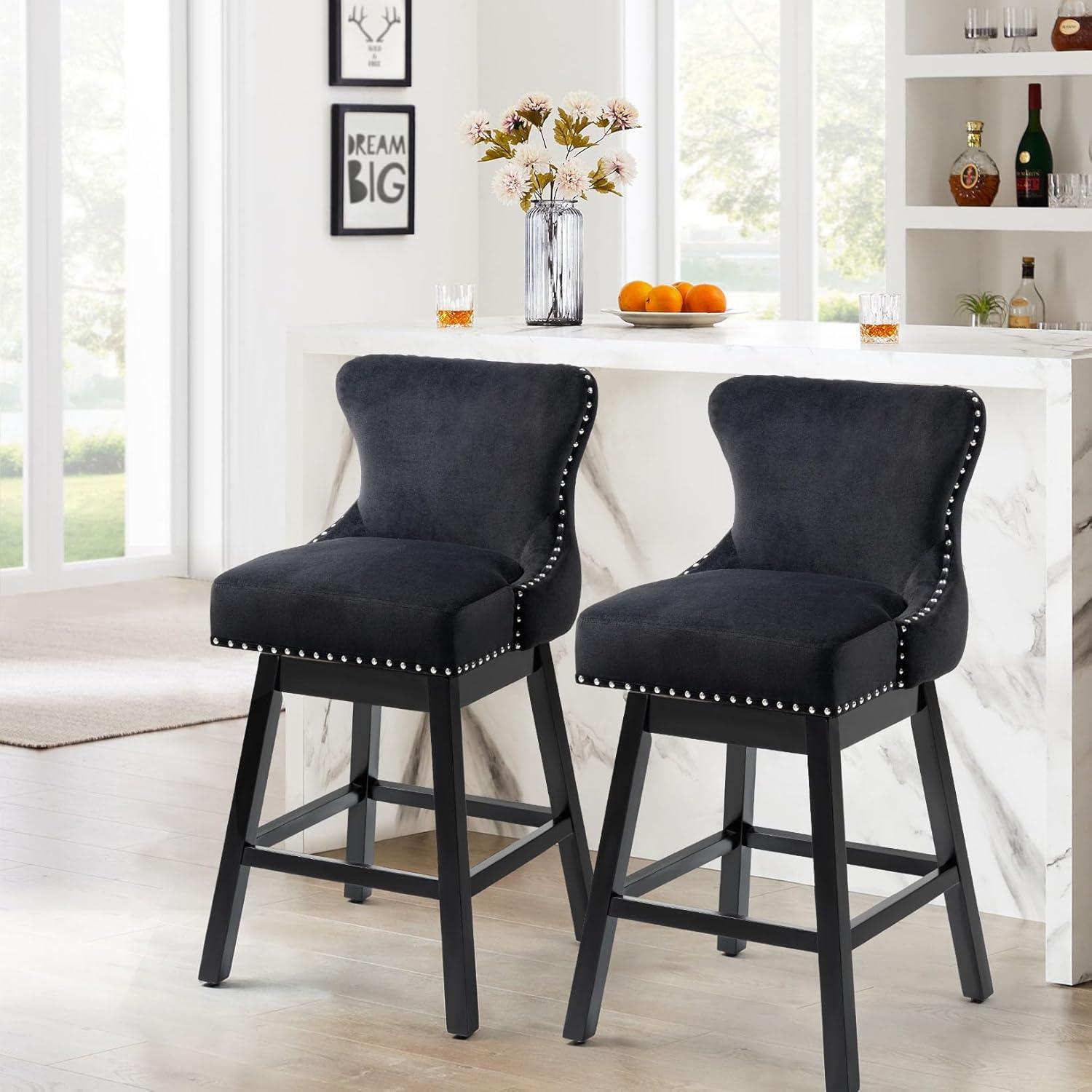 29" Black Velvet Upholstered Swivel Bar Stools with Wood Frame, Set of 2