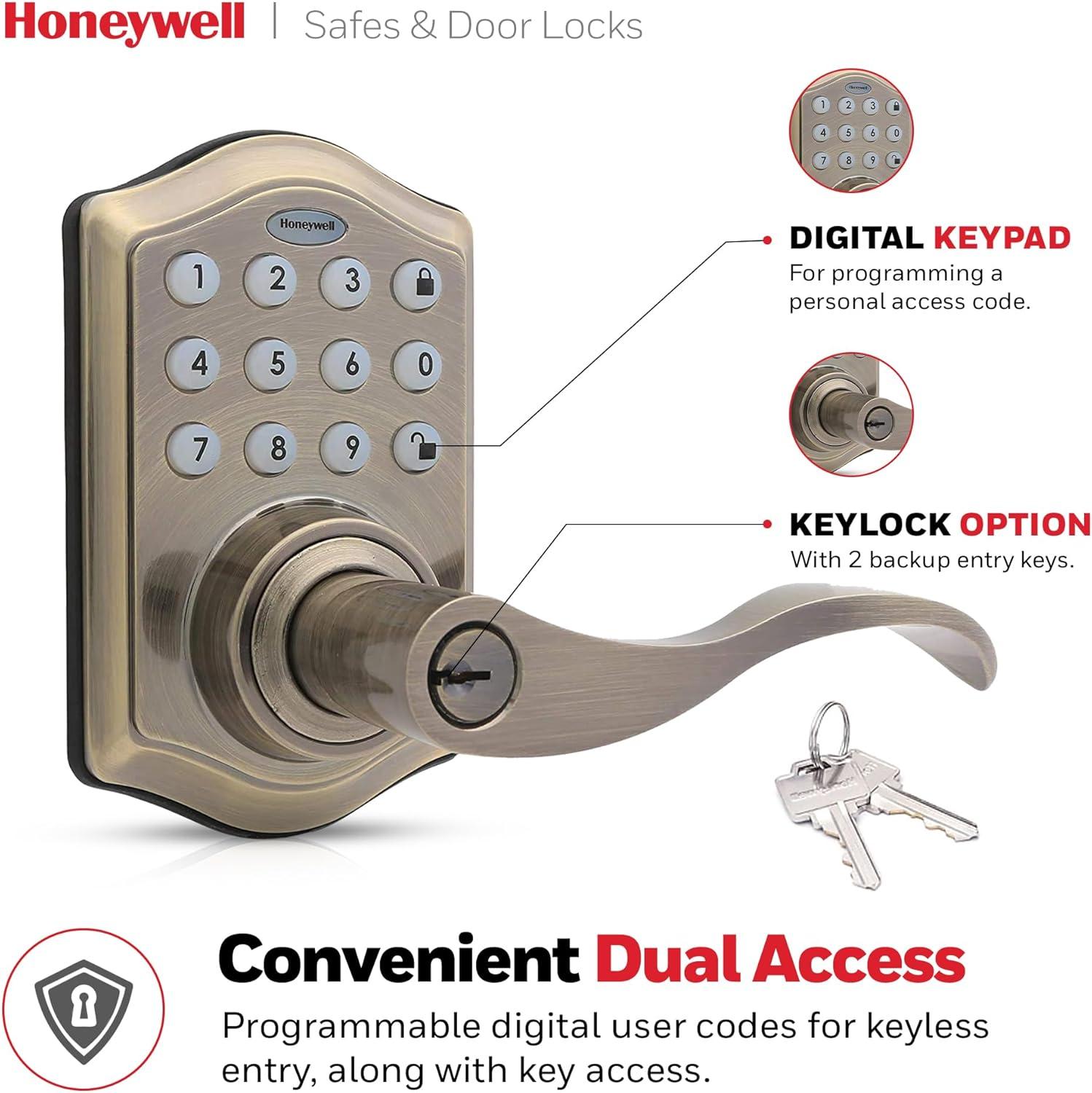 Honeywell Locks, Electronic Entry Lever Door Lock, Antique Brass, 8734101