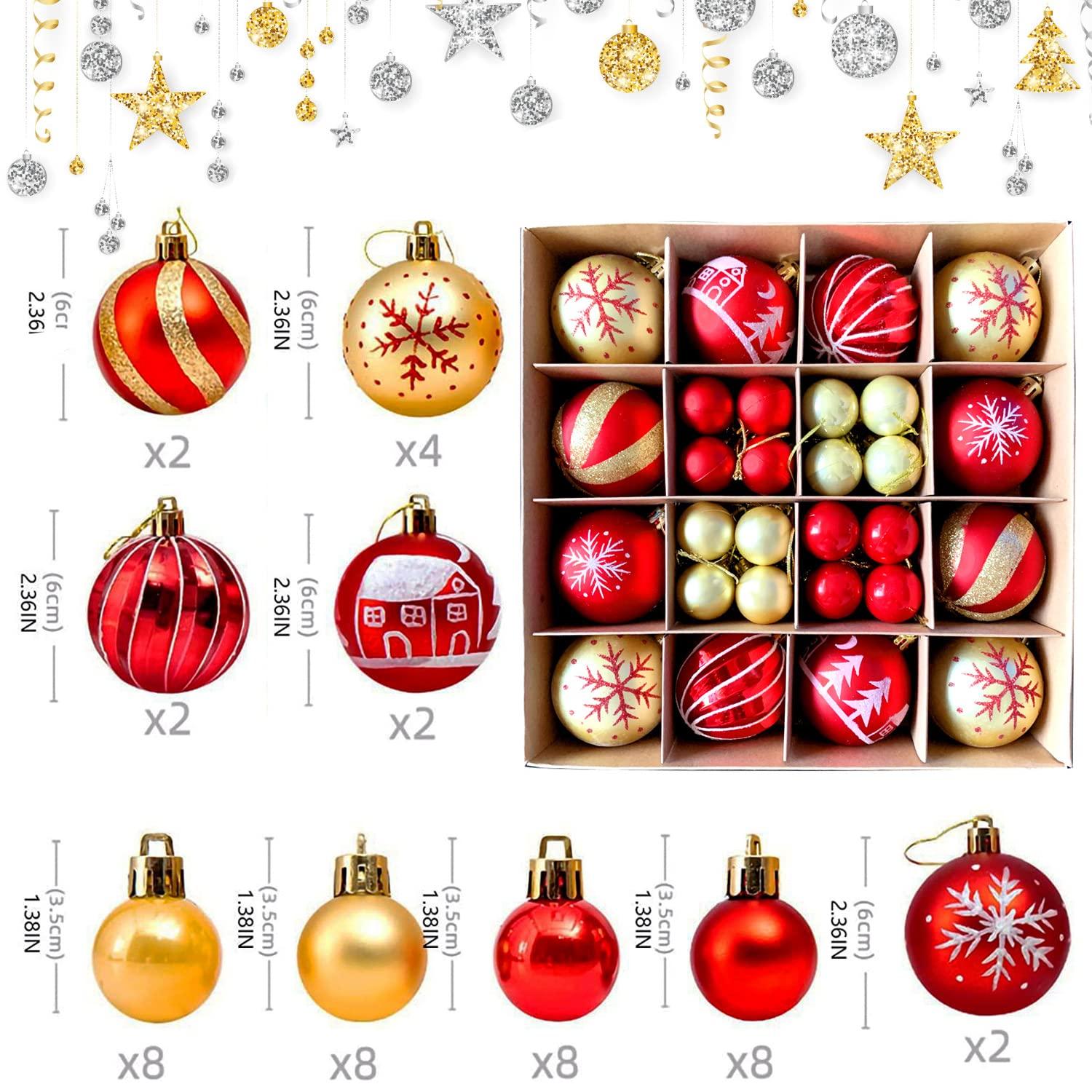 Zhourta 44Pcs Gold and Red Christmas Hanging Balls Christmas Proof Ball Ornaments for Party Holiday Christmas Tree Supplies Home Yard Decorh