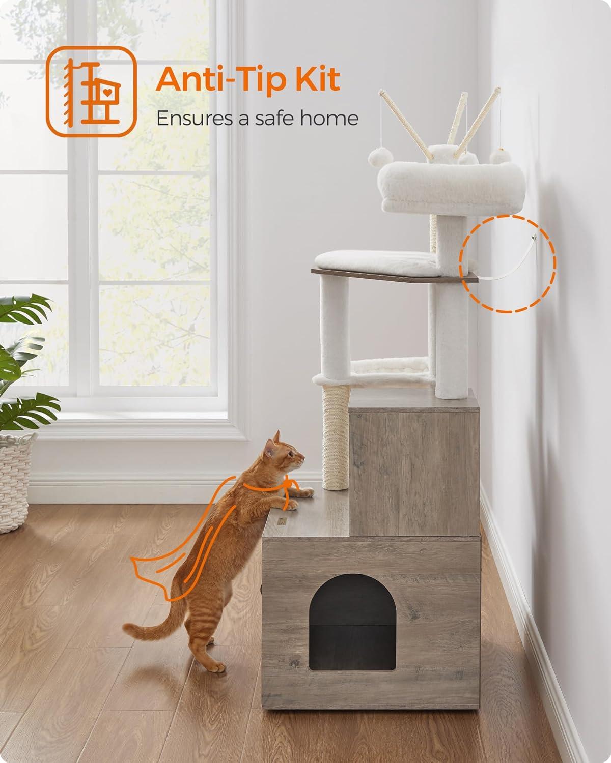 Feandrea Cat Tree with Litter Box Enclosure, 2-in-1 Modern Cat Tower, 55.1-Inch Cat Condo with Scratching Posts, Removable Pompom Sticks, Greige UPCT113G01