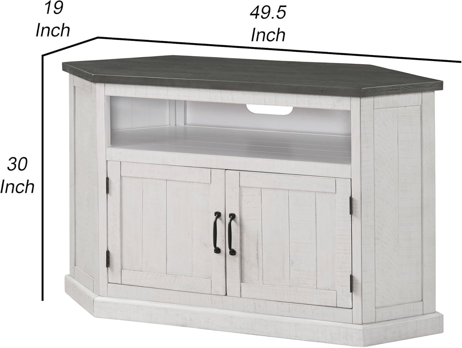 Benjara Alexa 50 Inch TV Corner Entertainment Console, Cubby, Cabinet, White, Gray, Black